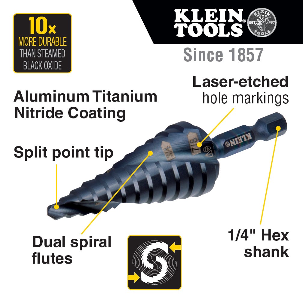 slide 2 of 6, Klein Tools Premium All Purpose Quick Release Step Bit Kit, 3 Piece, 1 ct