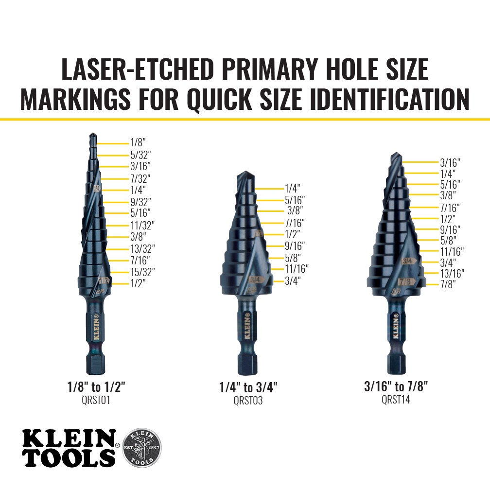 slide 3 of 6, Klein Tools Premium All Purpose Quick Release Step Bit Kit, 3 Piece, 1 ct
