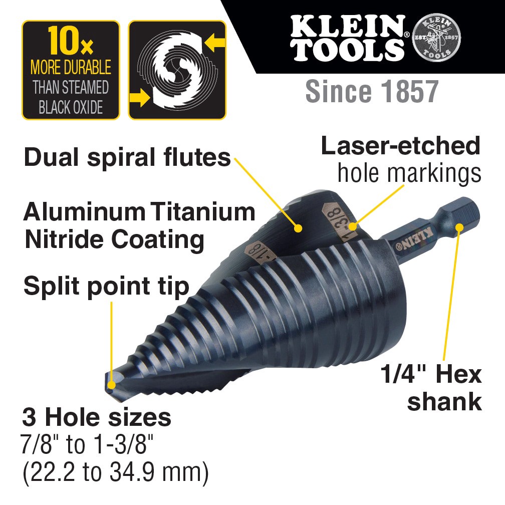 slide 2 of 6, Klein Tools Step Drill Bit, Quick Release, Double Spiral Flute, 7/8 to 1-3/8-Inch, 1 ct