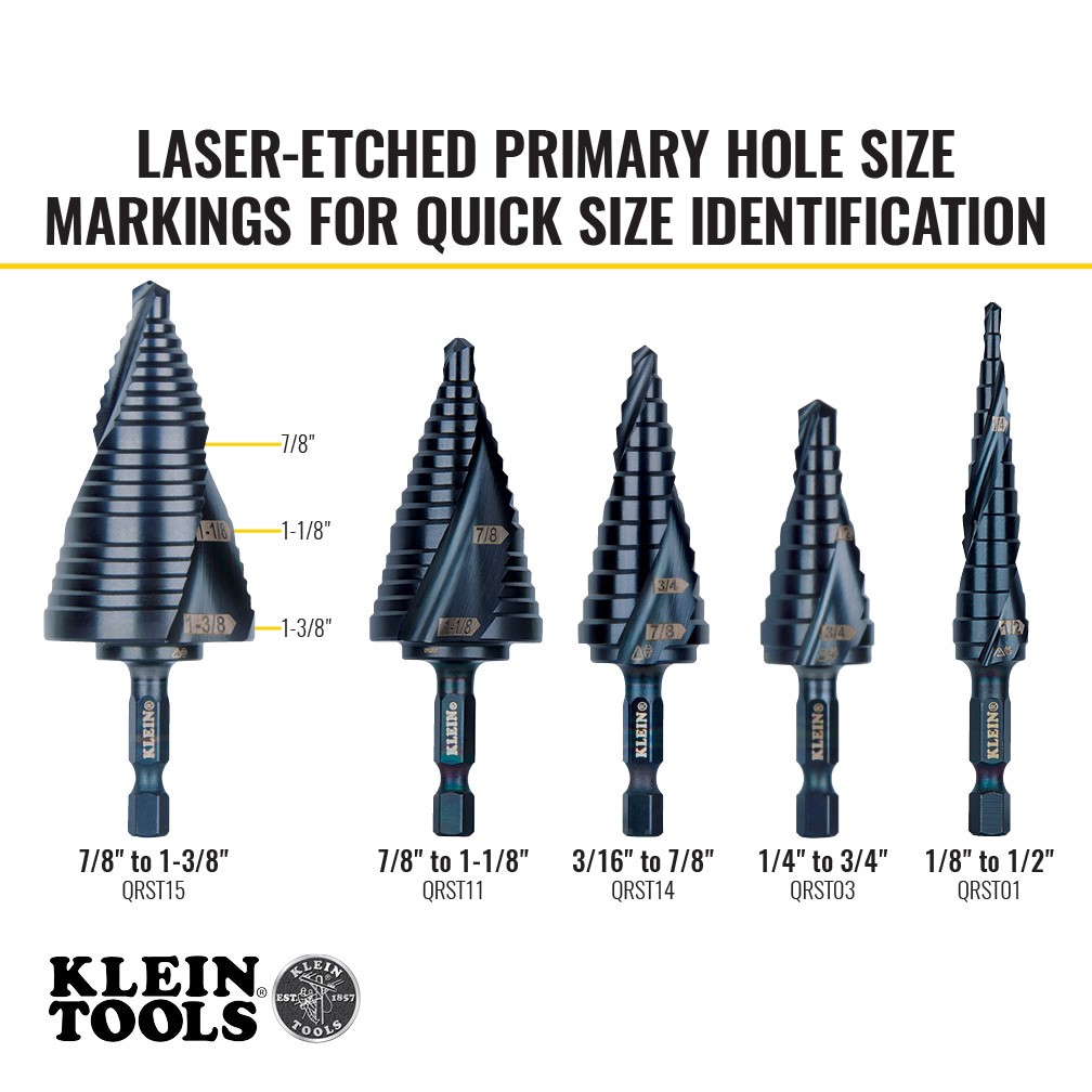 slide 3 of 6, Klein Tools Step Drill Bit, Quick Release, Double Spiral Flute, 7/8 to 1-3/8-Inch, 1 ct