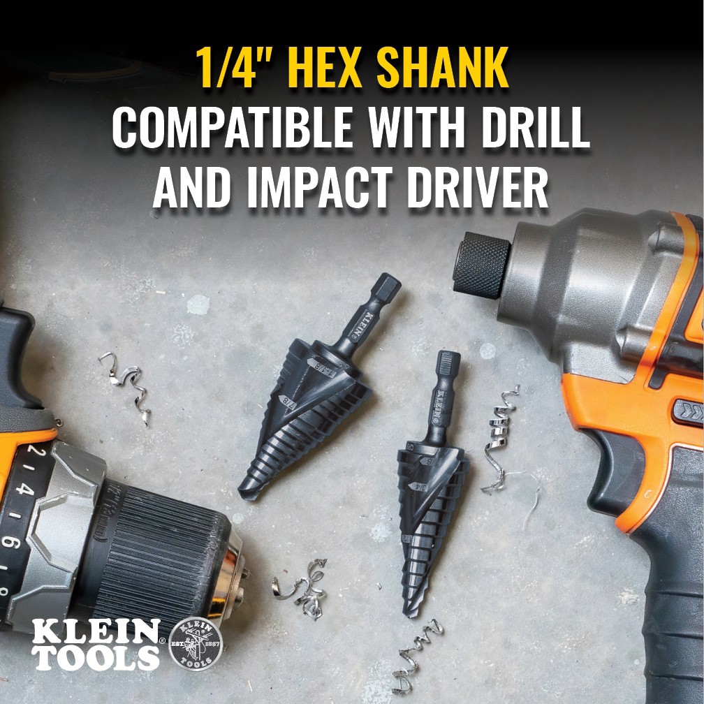 slide 4 of 6, Klein Tools Step Drill Bit, Quick Release, Double Spiral Flute, 7/8 to 1-3/8-Inch, 1 ct