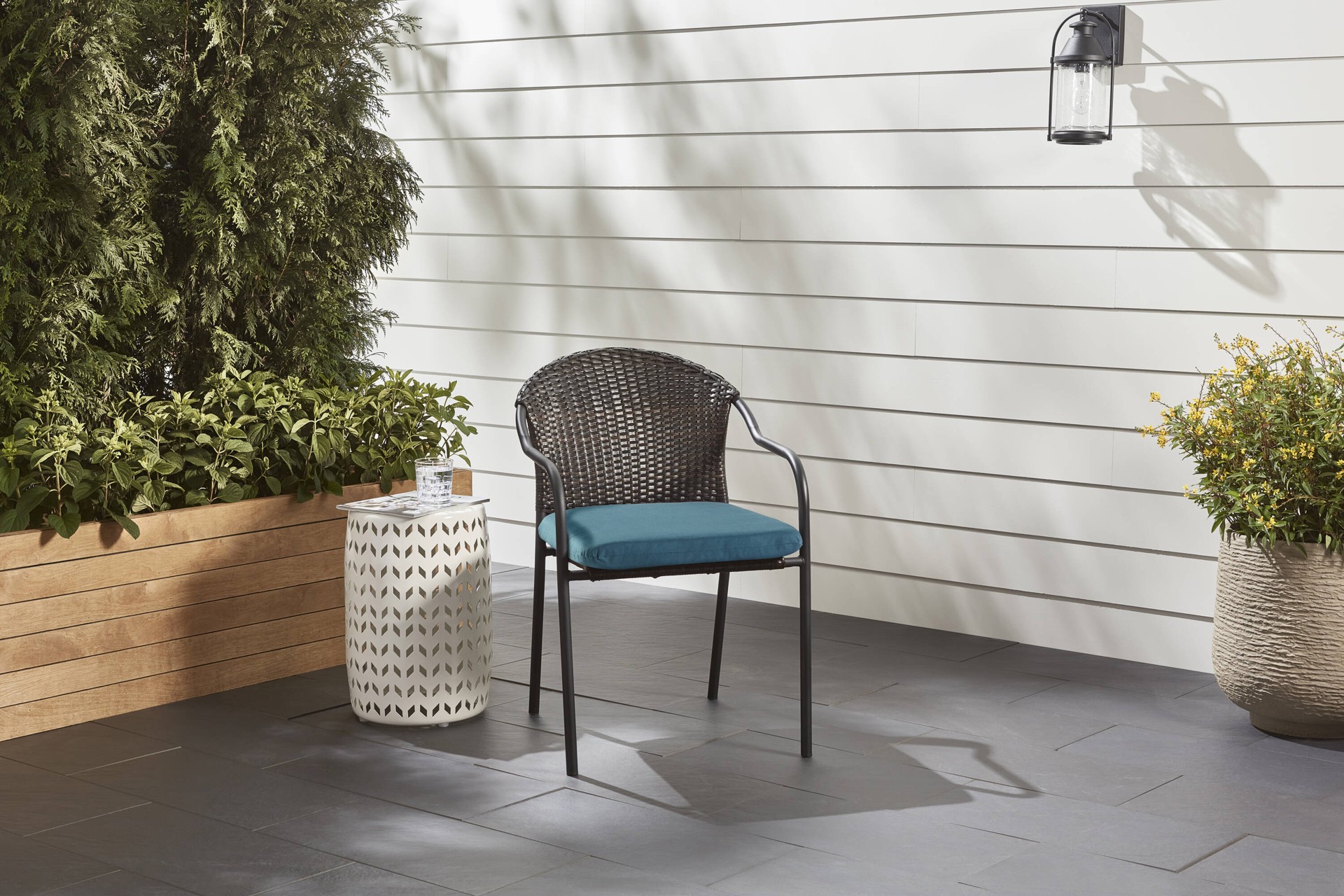 slide 2 of 6, allen + roth with STAINMASTER 18-in x 19-in Deep Lake Madera Linen Patio chair cushion, 1 ct