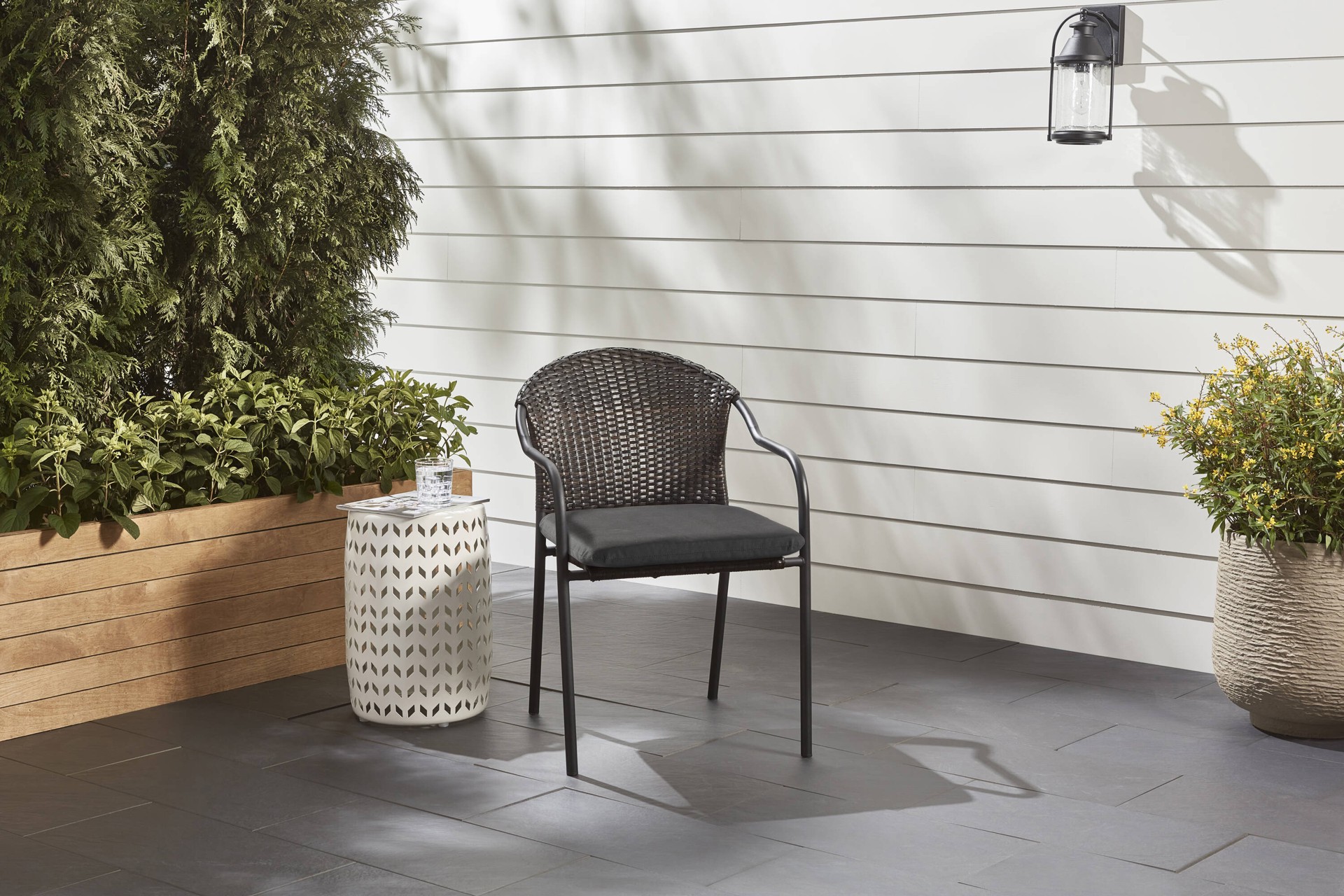 slide 2 of 6, allen + roth with STAINMASTER 18-in x 19-in Black Madera Linen Patio chair cushion, 1 ct