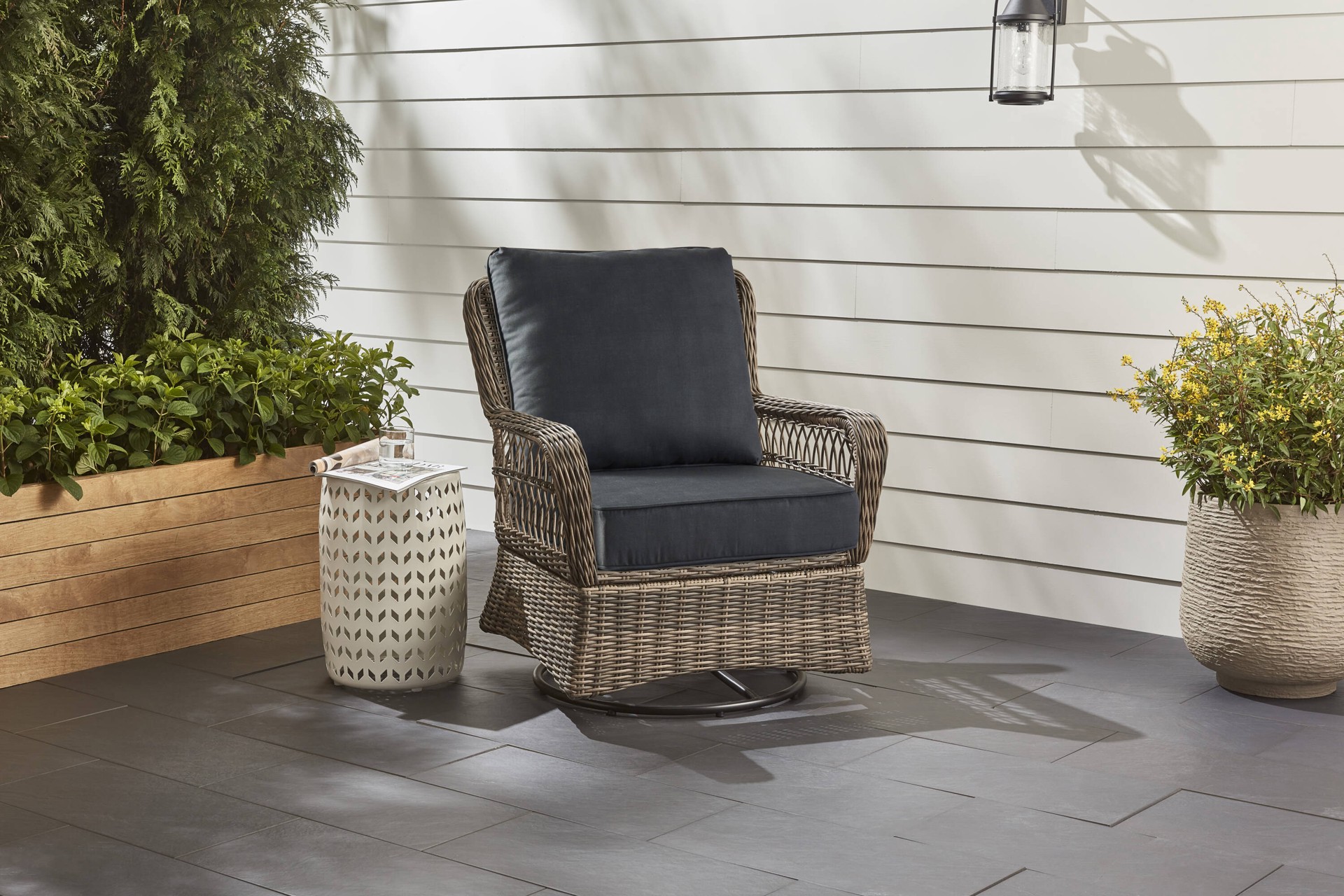 slide 2 of 6, allen + roth with STAINMASTER 25-in x 25-in 2 -Piece Black Madera Linen Deep seat patio chair cushion, 1 ct