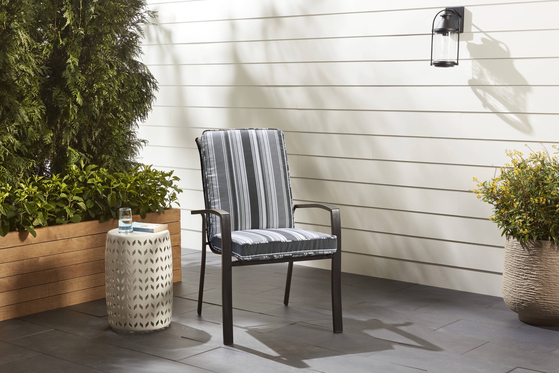 slide 2 of 6, allen + roth with STAINMASTER 20-in x 20-in Black Stripe High back patio chair cushion, 1 ct