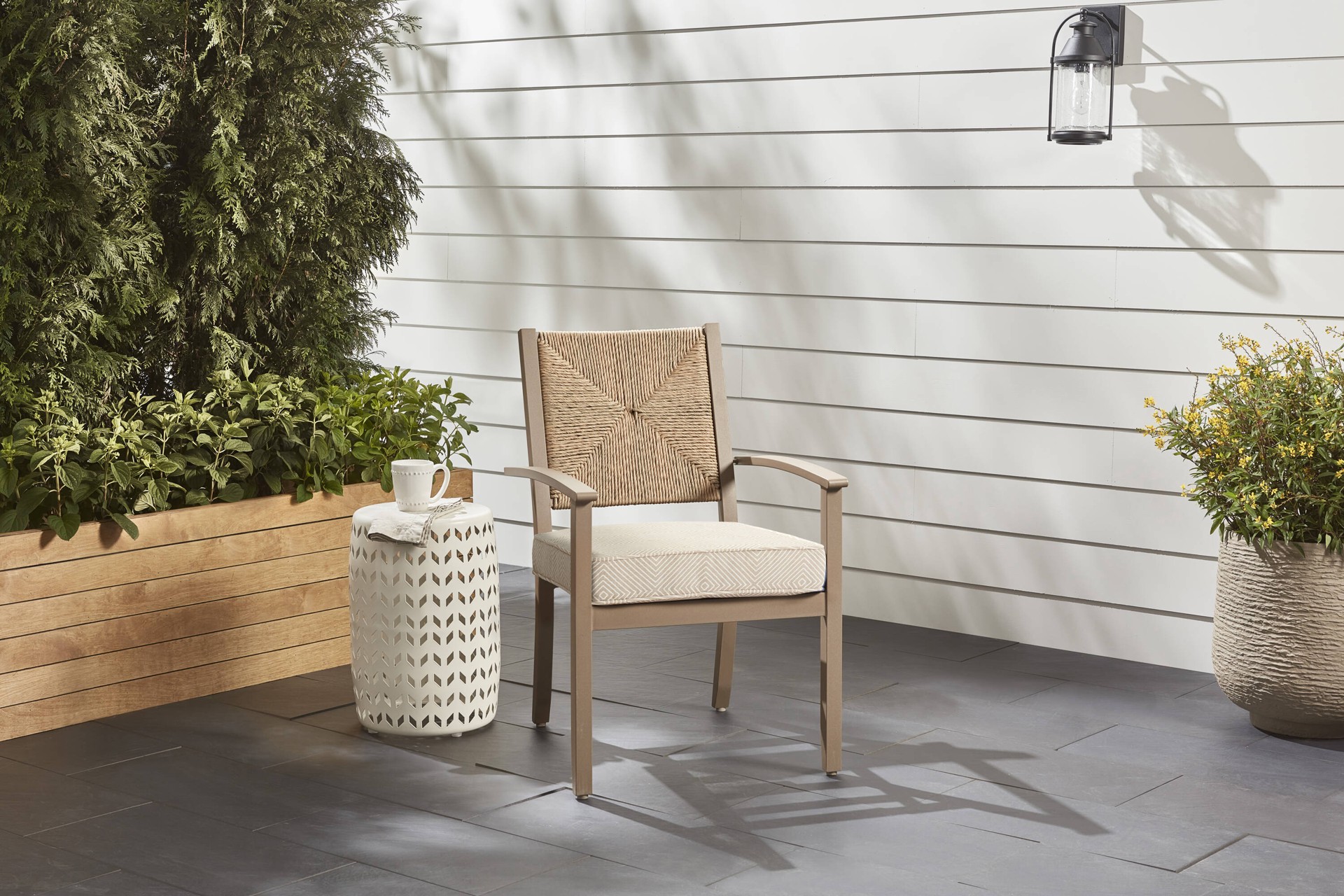 slide 2 of 6, allen + roth with STAINMASTER 20-in x 20-in Wheat Diamond Texture Patio chair cushion, 1 ct