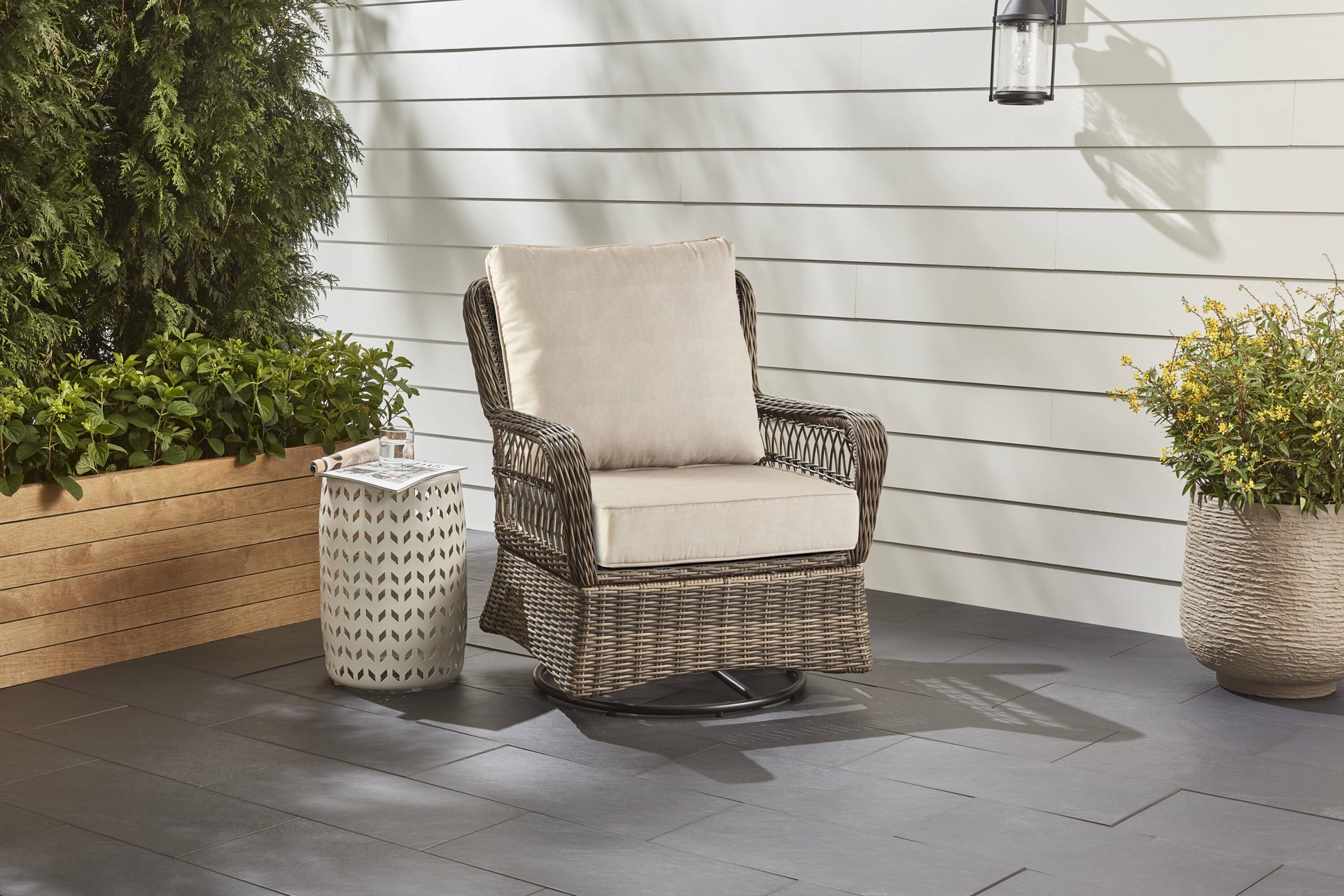 slide 2 of 6, allen + roth with STAINMASTER 25-in x 25-in 2 -Piece Wheat Madera Linen Deep seat patio chair cushion, 1 ct
