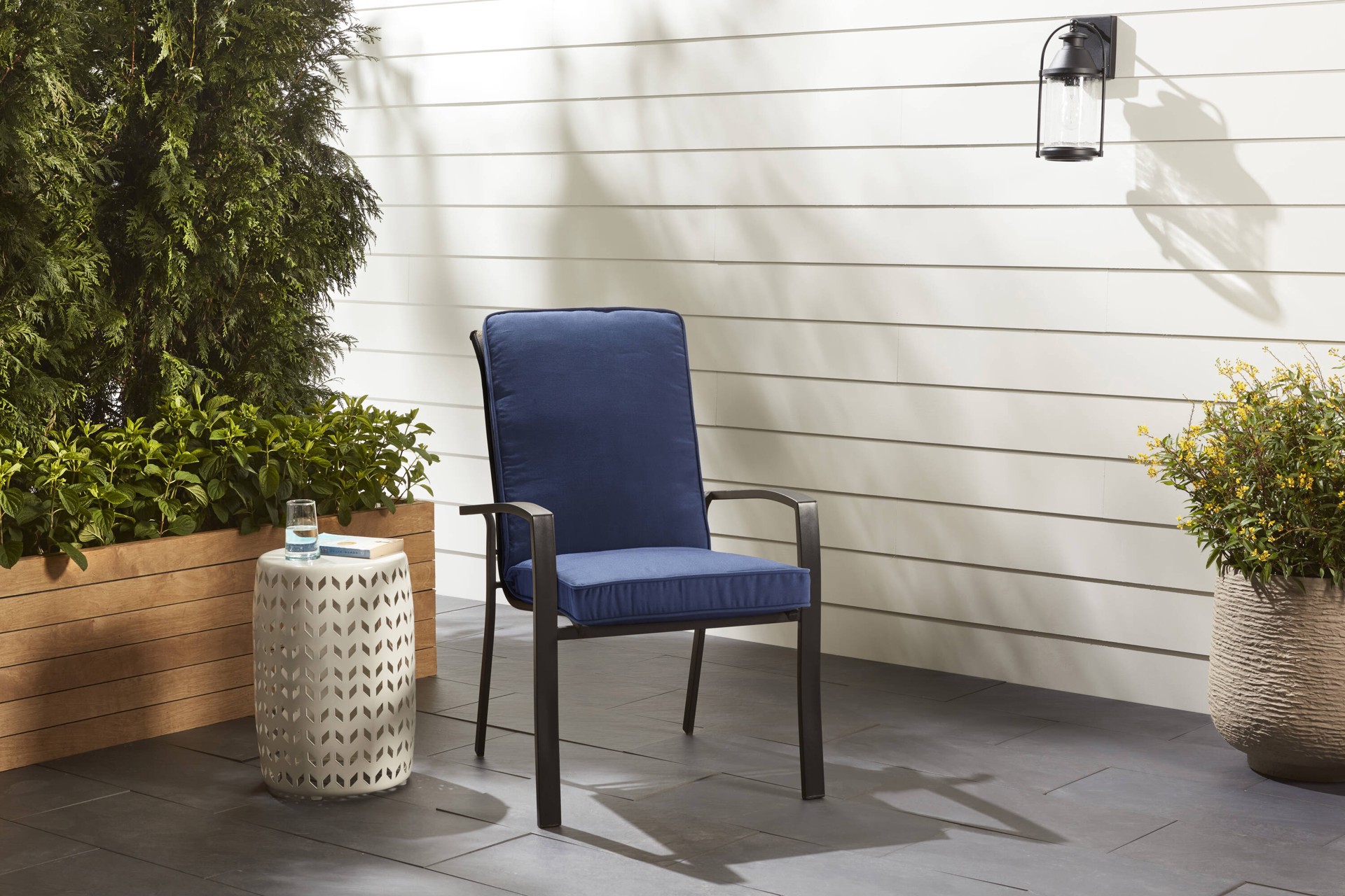 slide 2 of 6, allen + roth with STAINMASTER 20-in x 20-in Navy Madera Linen High back patio chair cushion, 1 ct
