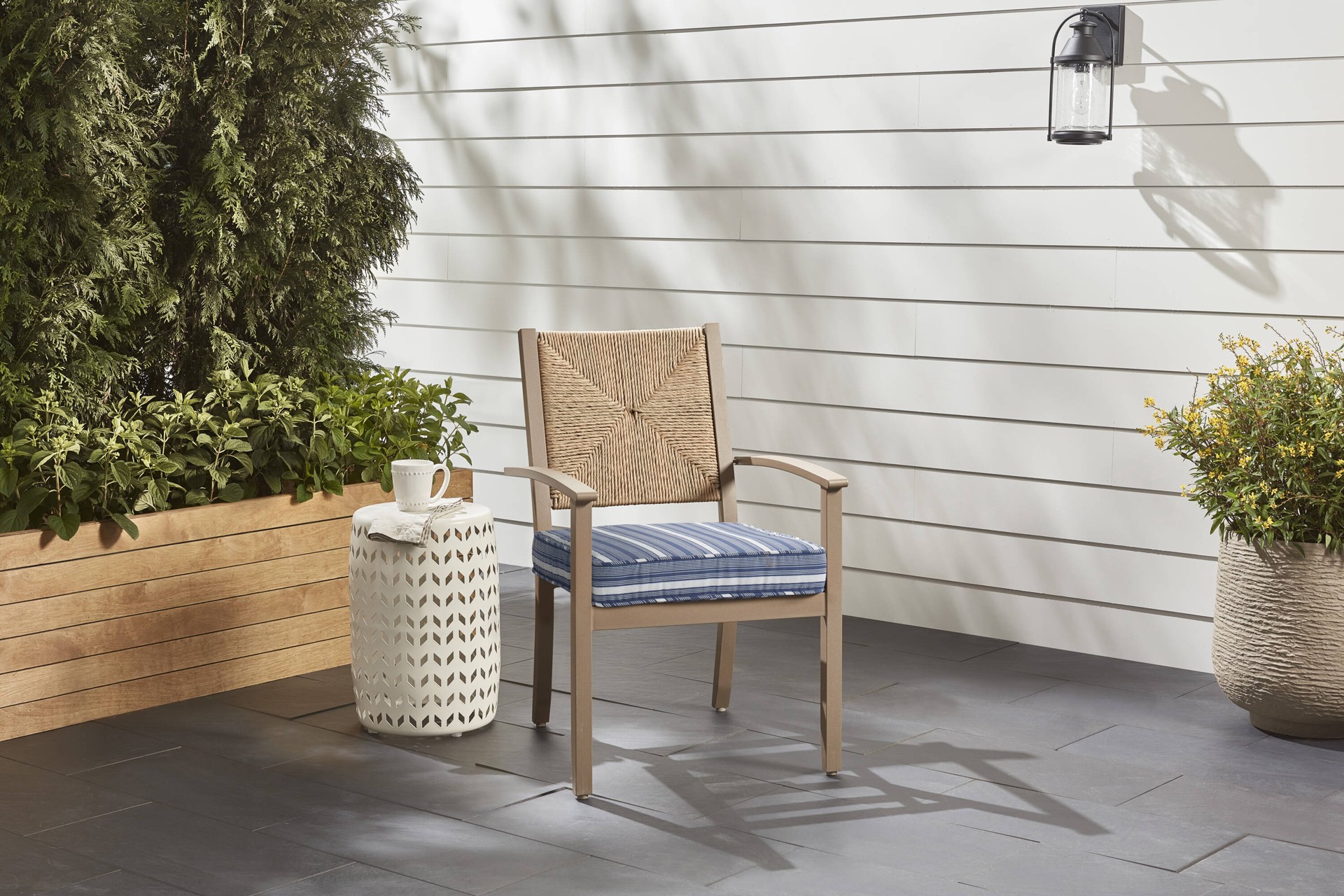 slide 2 of 6, allen + roth 20-in x 20-in Navy Shoreham Stripe Patio chair cushion, 1 ct