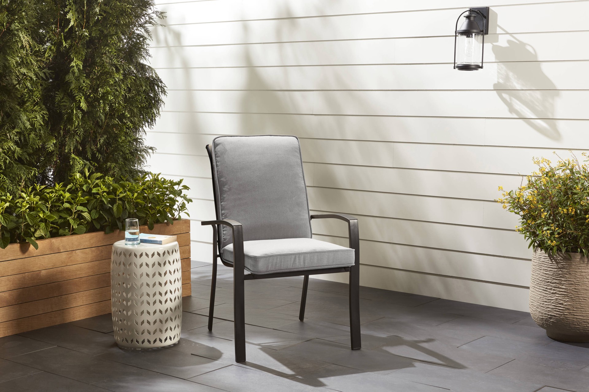 slide 2 of 6, allen + roth with STAINMASTER 20-in x 20-in Grey Madera Linen High back patio chair cushion, 1 ct