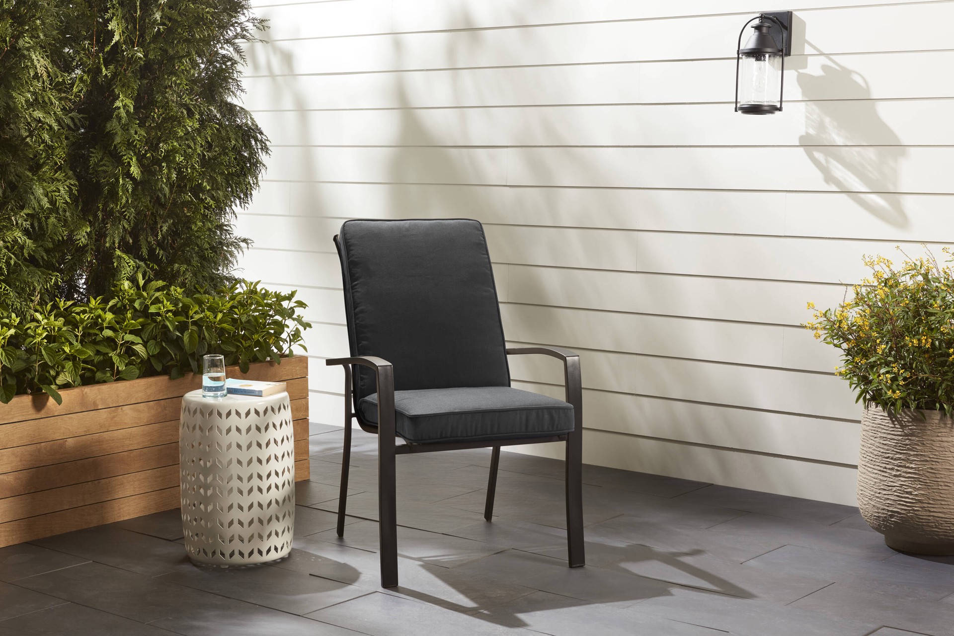 slide 2 of 6, allen + roth with STAINMASTER 20-in x 20-in Black Madera Linen High back patio chair cushion, 1 ct