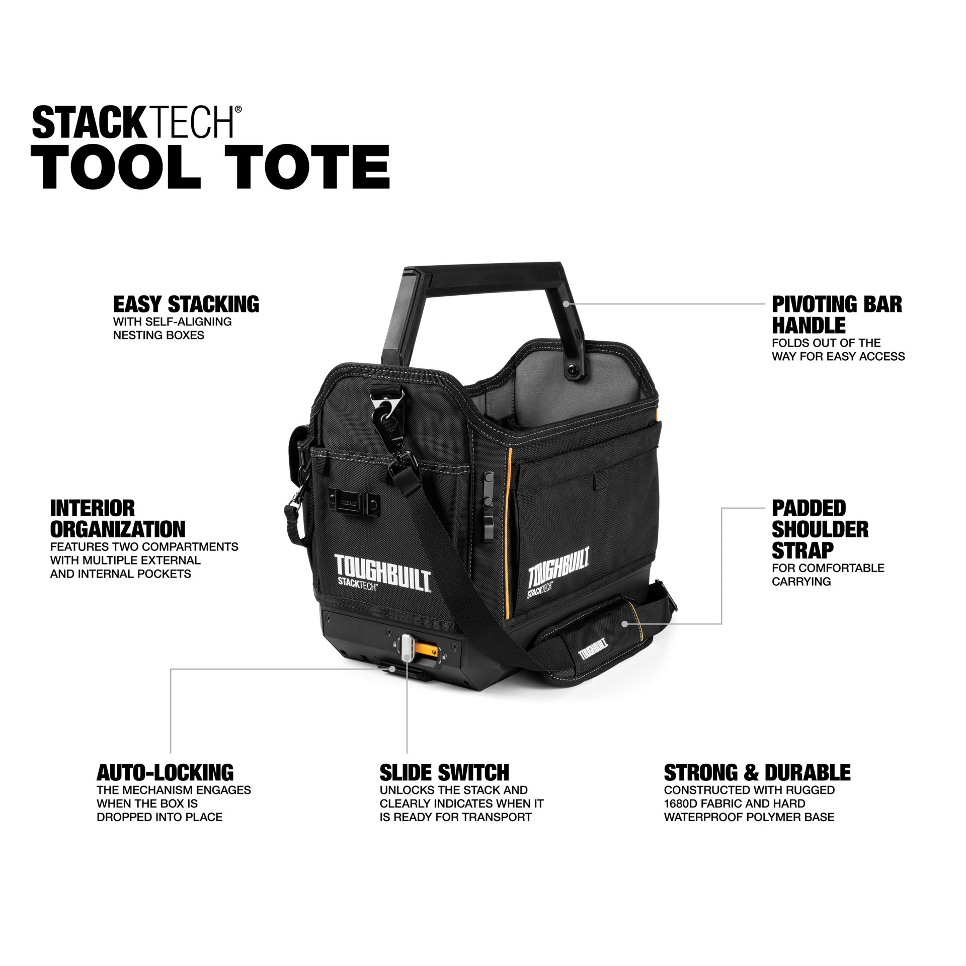 slide 2 of 6, TOUGHBUILT STACKTECH Black Polyester 18-in W x 12-in D x 14.8-in L Tool tote, 1 ct