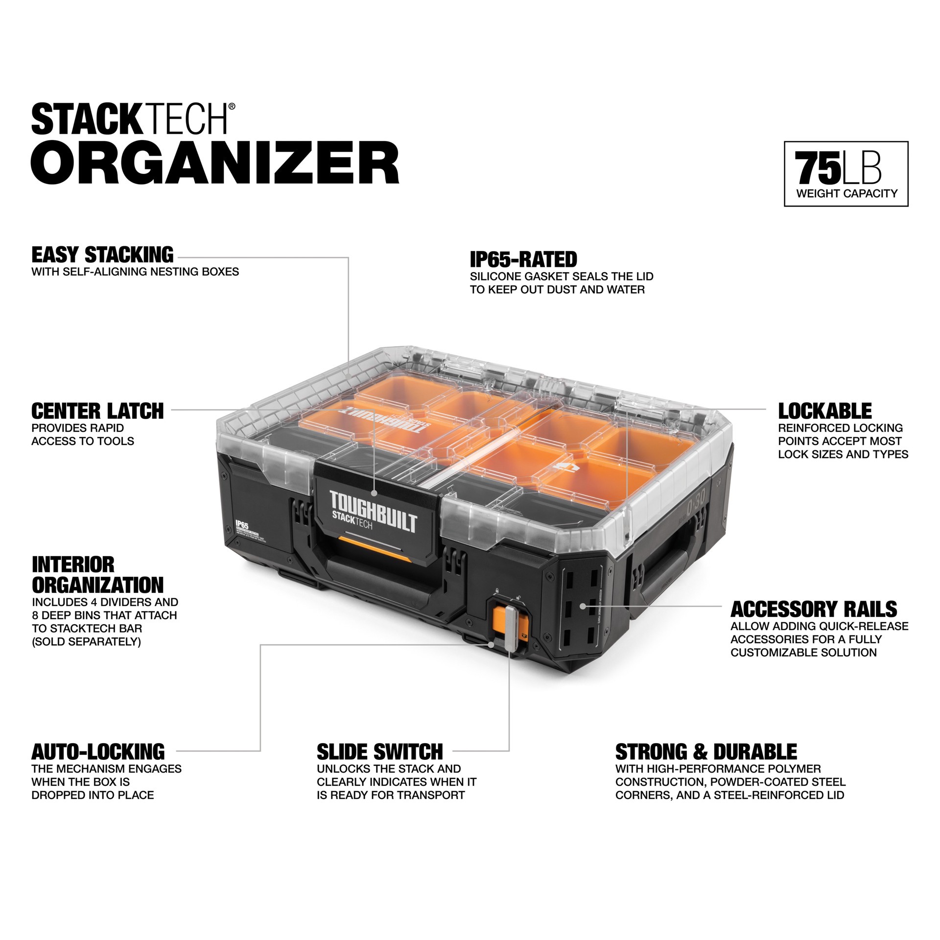 slide 2 of 6, TOUGHBUILT STACKTECH 11-Compartment Large Plastic Small Parts Organizer, 1 ct