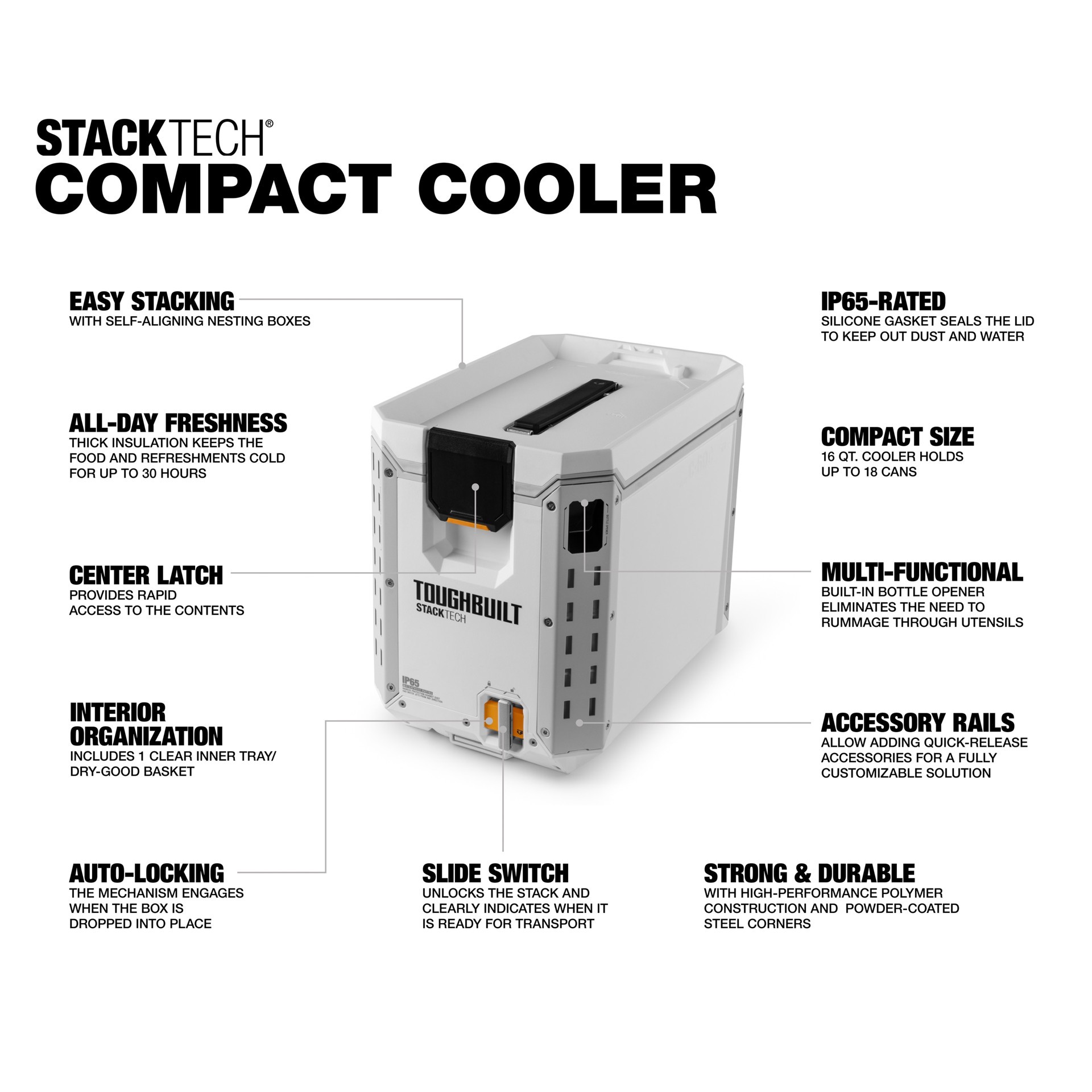 slide 2 of 6, TOUGHBUILT STACKTECH Compact White 16 Quart(s) Hard Insulated Chest cooler, 1 ct