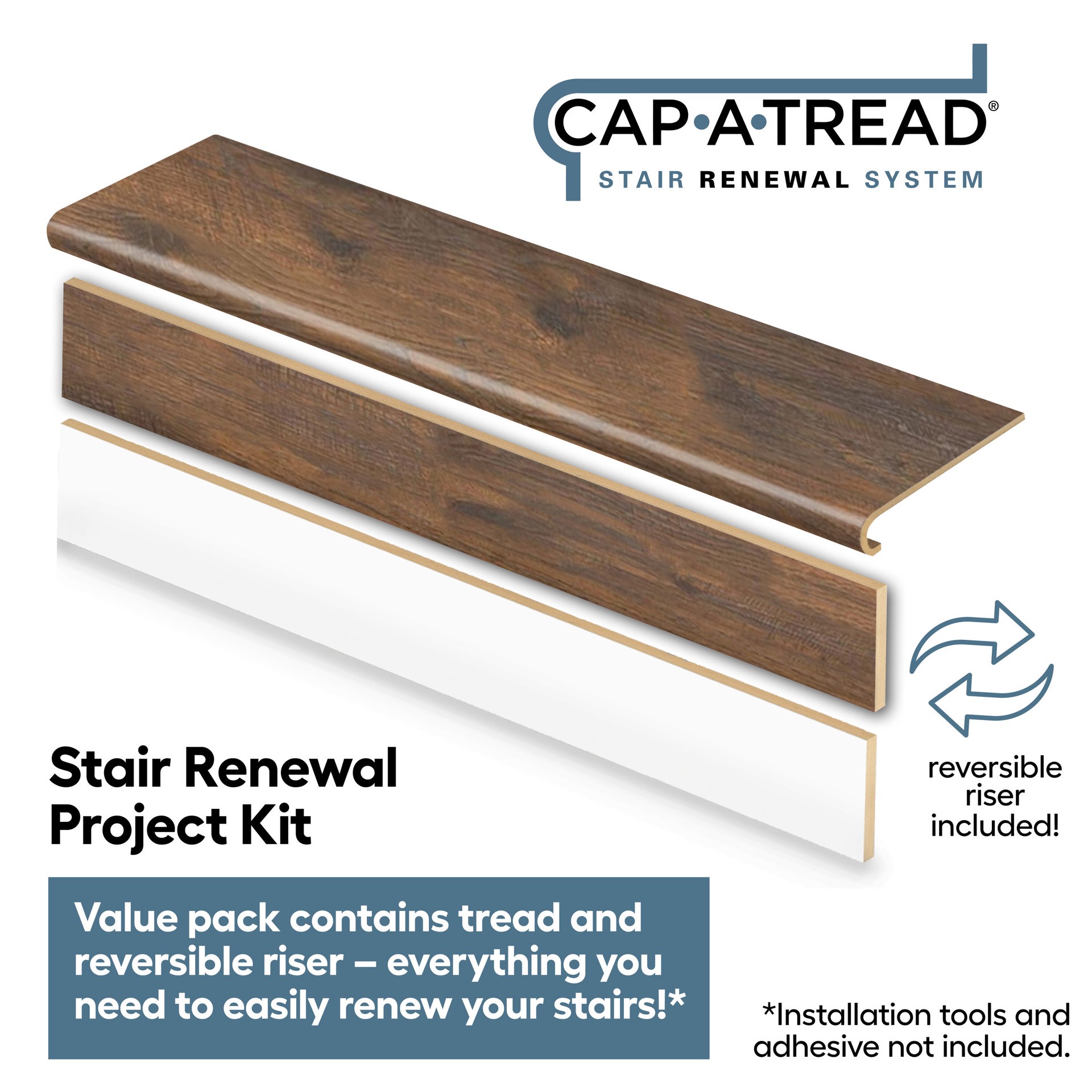 slide 2 of 6, Zamma Cap A Tread Stair Renewal System 47-in x 12.125-in x 1.687-in Brown Hickory Type 1 Kit with Reversible Riser Laminate No return Bullnose Stair Tread, 1 ct
