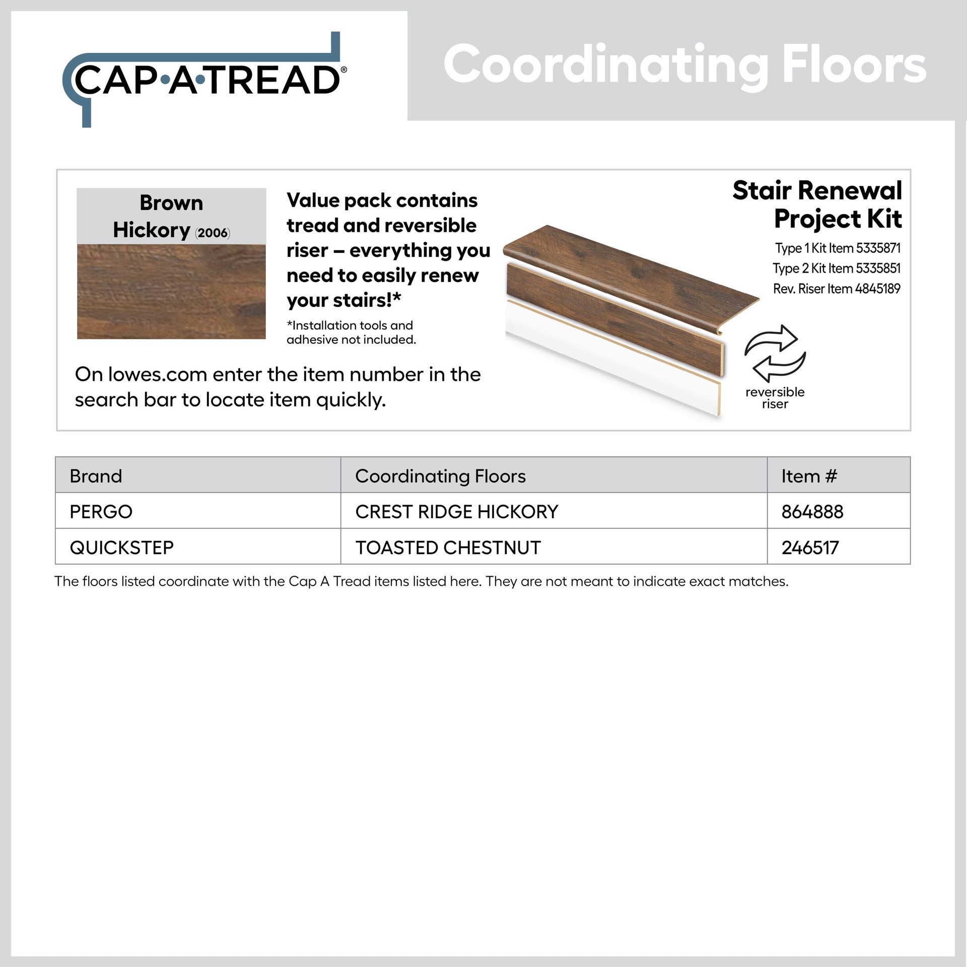 slide 5 of 6, Zamma Cap A Tread Stair Renewal System 47-in x 12.125-in x 1.687-in Brown Hickory Type 1 Kit with Reversible Riser Laminate No return Bullnose Stair Tread, 1 ct
