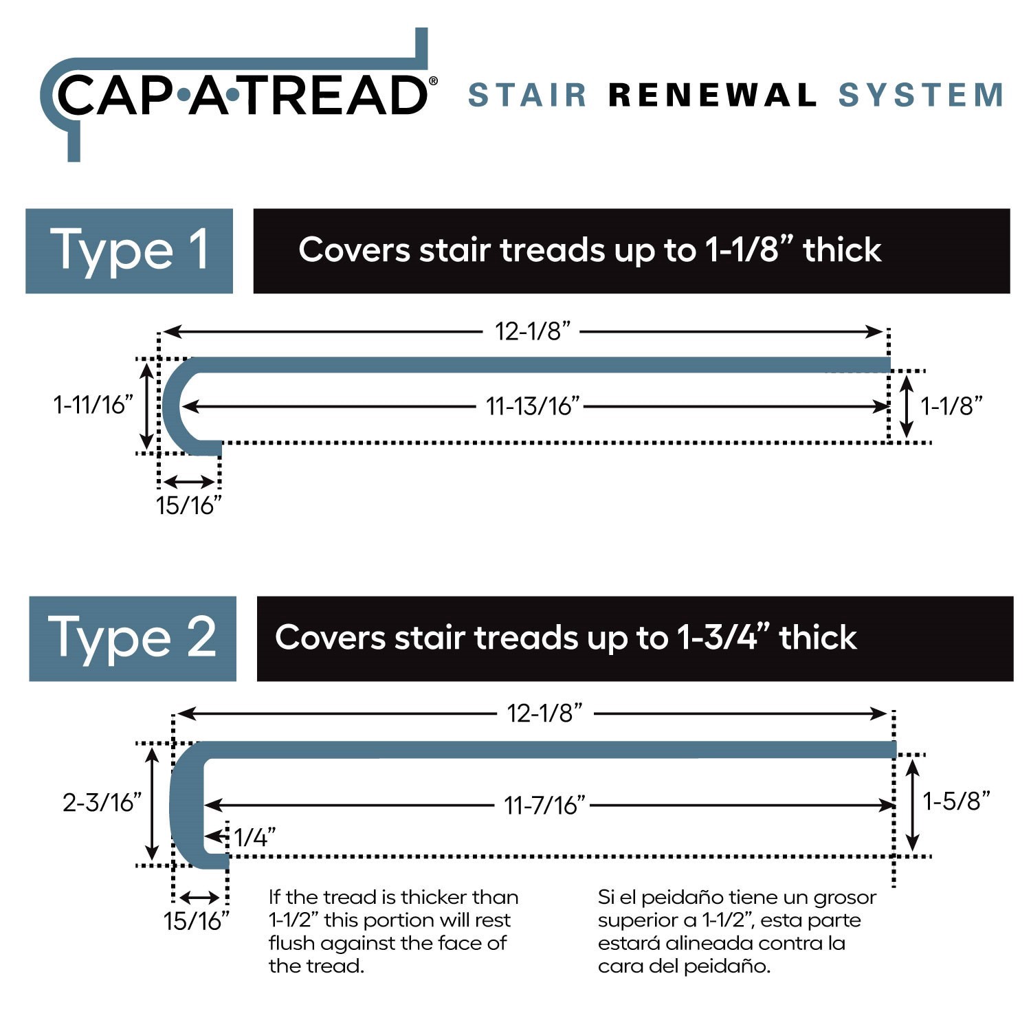 slide 6 of 6, Zamma Cap A Tread Stair Renewal System 47-in x 12.125-in x 1.687-in Brown Hickory Type 1 Kit with Reversible Riser Laminate No return Bullnose Stair Tread, 1 ct