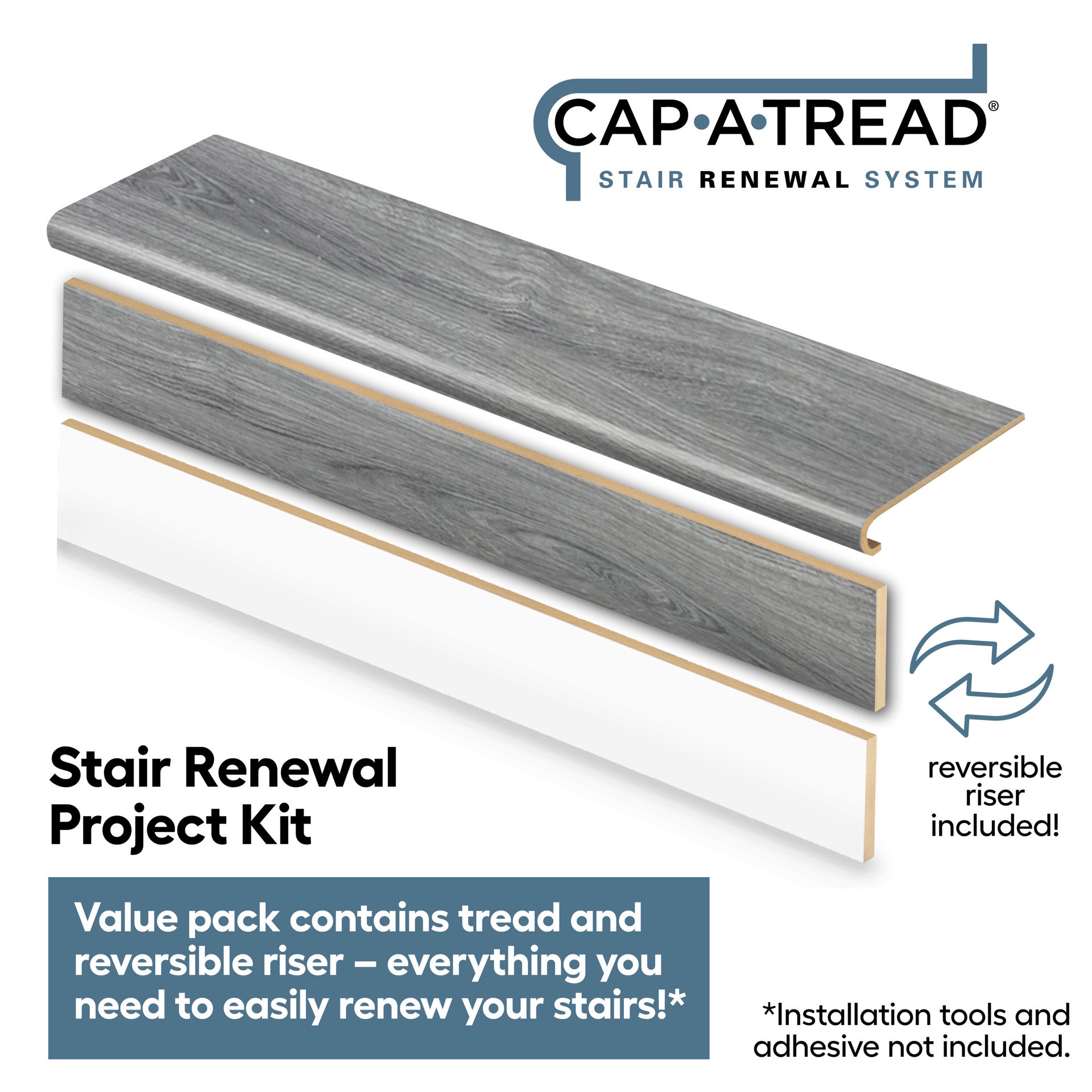 slide 2 of 6, Zamma Cap A Tread Stair Renewal System 47-in x 12.125-in x 1.687-in Grey Oak Type 1 Kit with Reversible Riser Laminate No return Bullnose Stair Tread, 1 ct