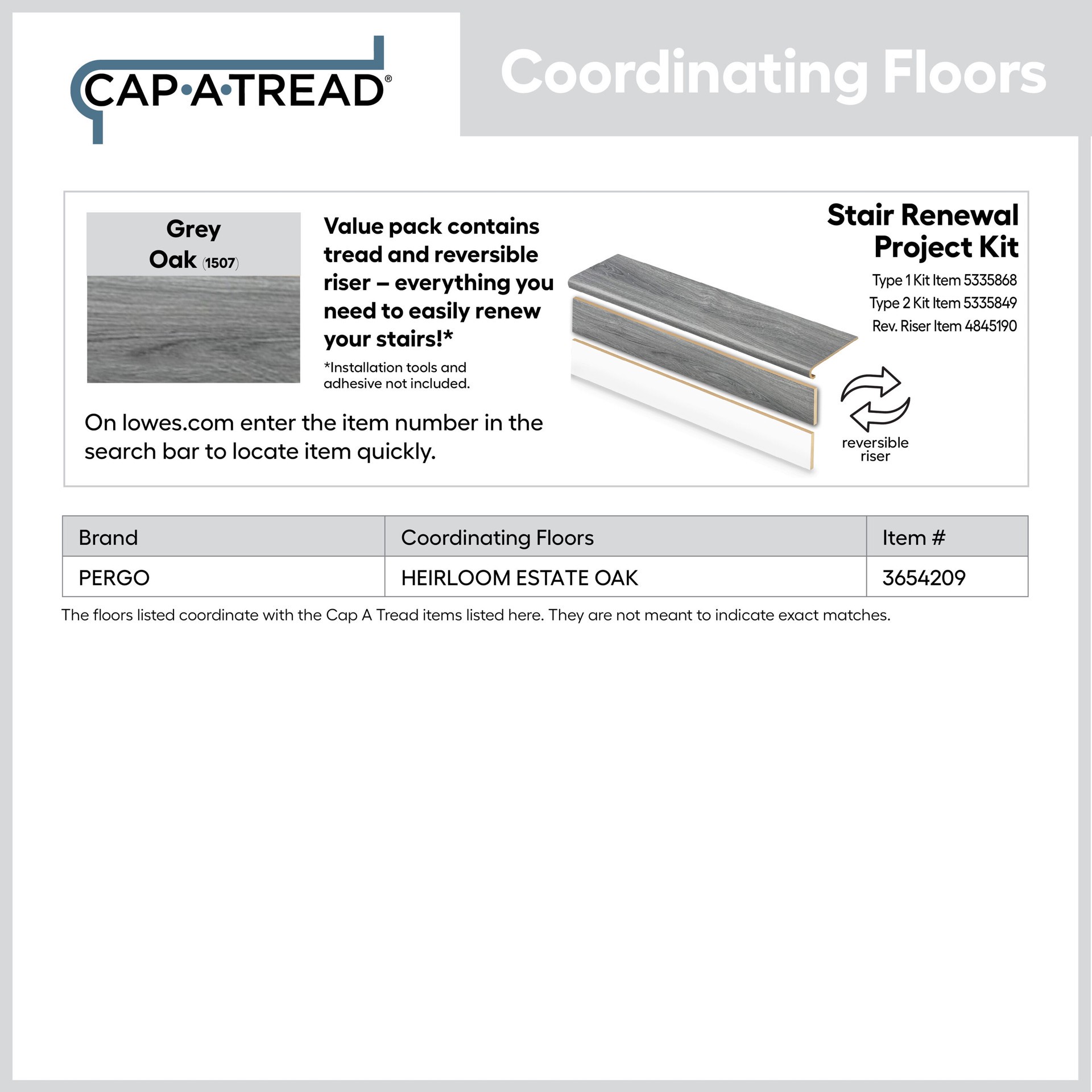 slide 5 of 6, Zamma Cap A Tread Stair Renewal System 47-in x 12.125-in x 1.687-in Grey Oak Type 1 Kit with Reversible Riser Laminate No return Bullnose Stair Tread, 1 ct