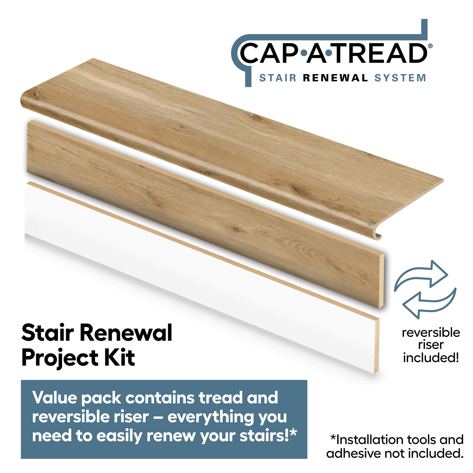 slide 2 of 6, Zamma Cap A Tread Stair Renewal System 47-in x 12.125-in x 1.687-in Natural Hickory Type 1 Kit with Reversible Riser Laminate No return Bullnose Stair Tread, 1 ct