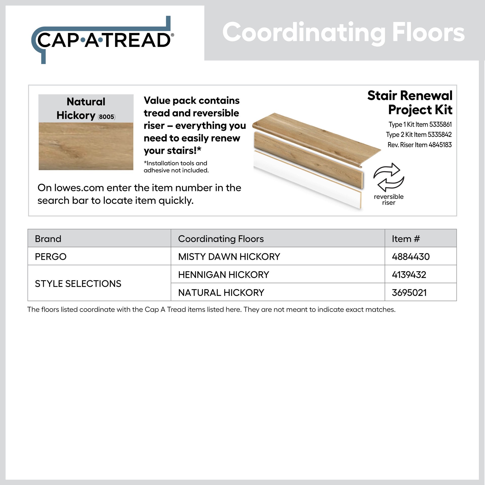 slide 5 of 6, Zamma Cap A Tread Stair Renewal System 47-in x 12.125-in x 1.687-in Natural Hickory Type 1 Kit with Reversible Riser Laminate No return Bullnose Stair Tread, 1 ct