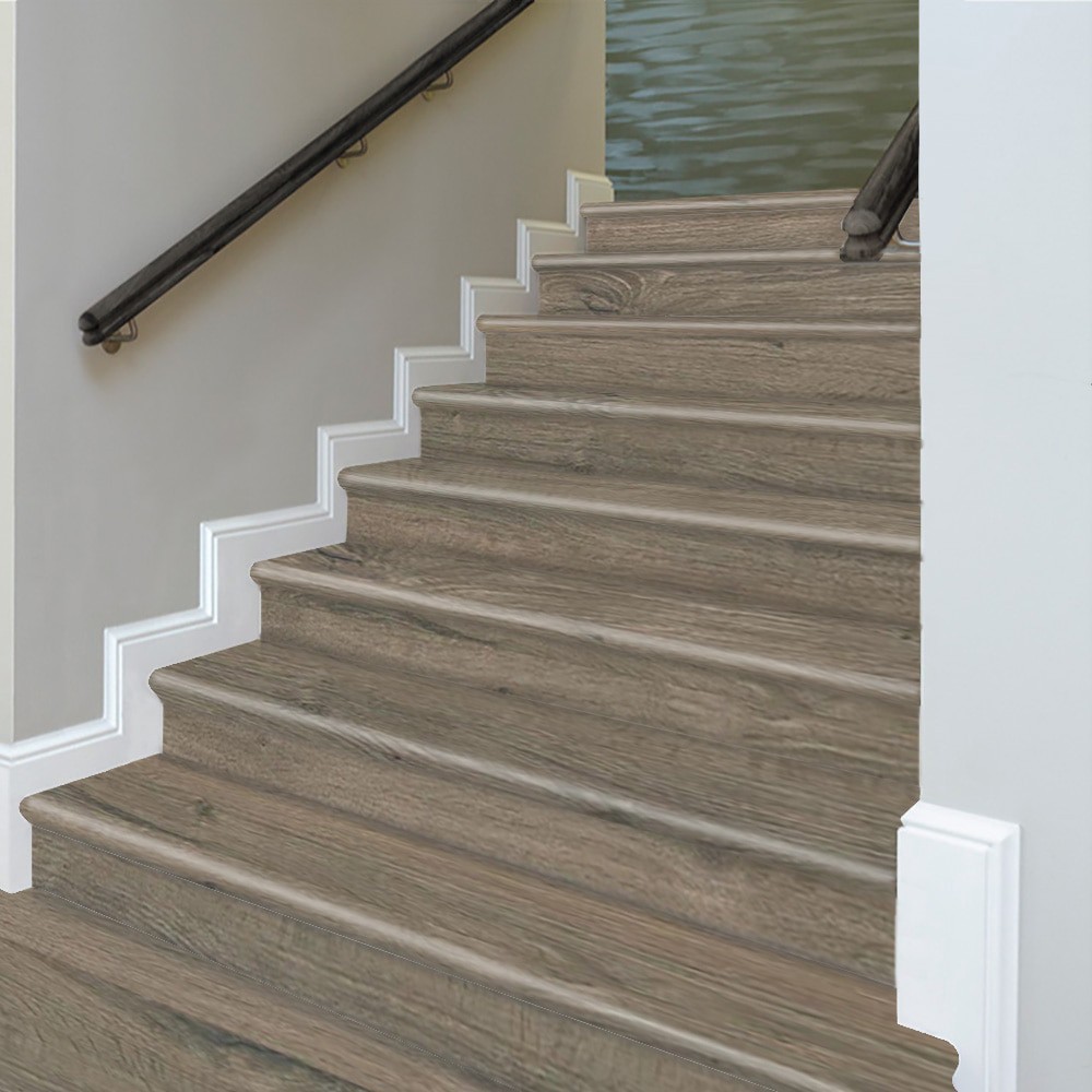 slide 4 of 6, Zamma Cap A Tread Stair Renewal System 47-in x 12.125-in x 1.687-in Greige Oak Type 1 Kit with Reversible Riser Laminate No return Bullnose Stair Tread, 1 ct