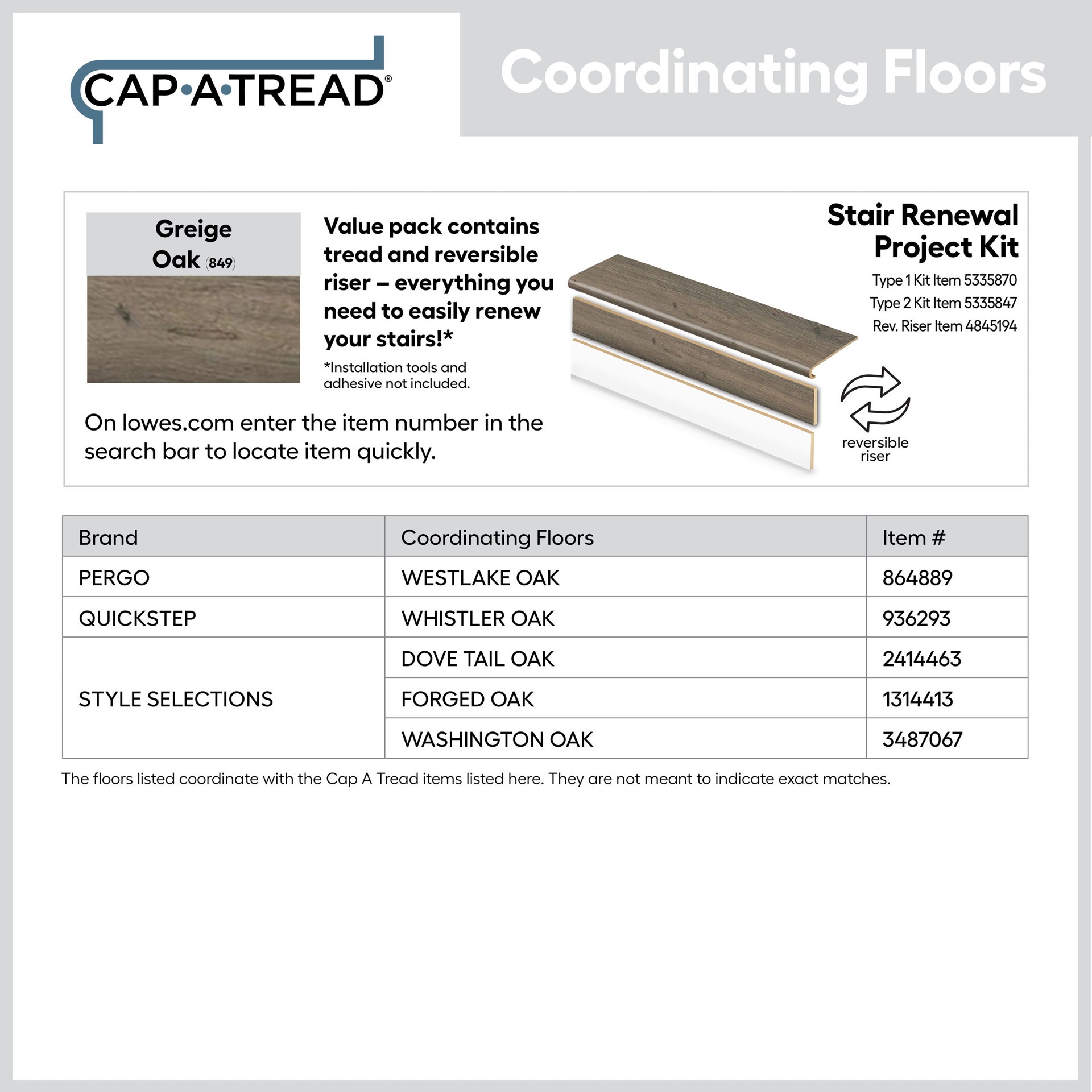 slide 5 of 6, Zamma Cap A Tread Stair Renewal System 47-in x 12.125-in x 1.687-in Greige Oak Type 1 Kit with Reversible Riser Laminate No return Bullnose Stair Tread, 1 ct