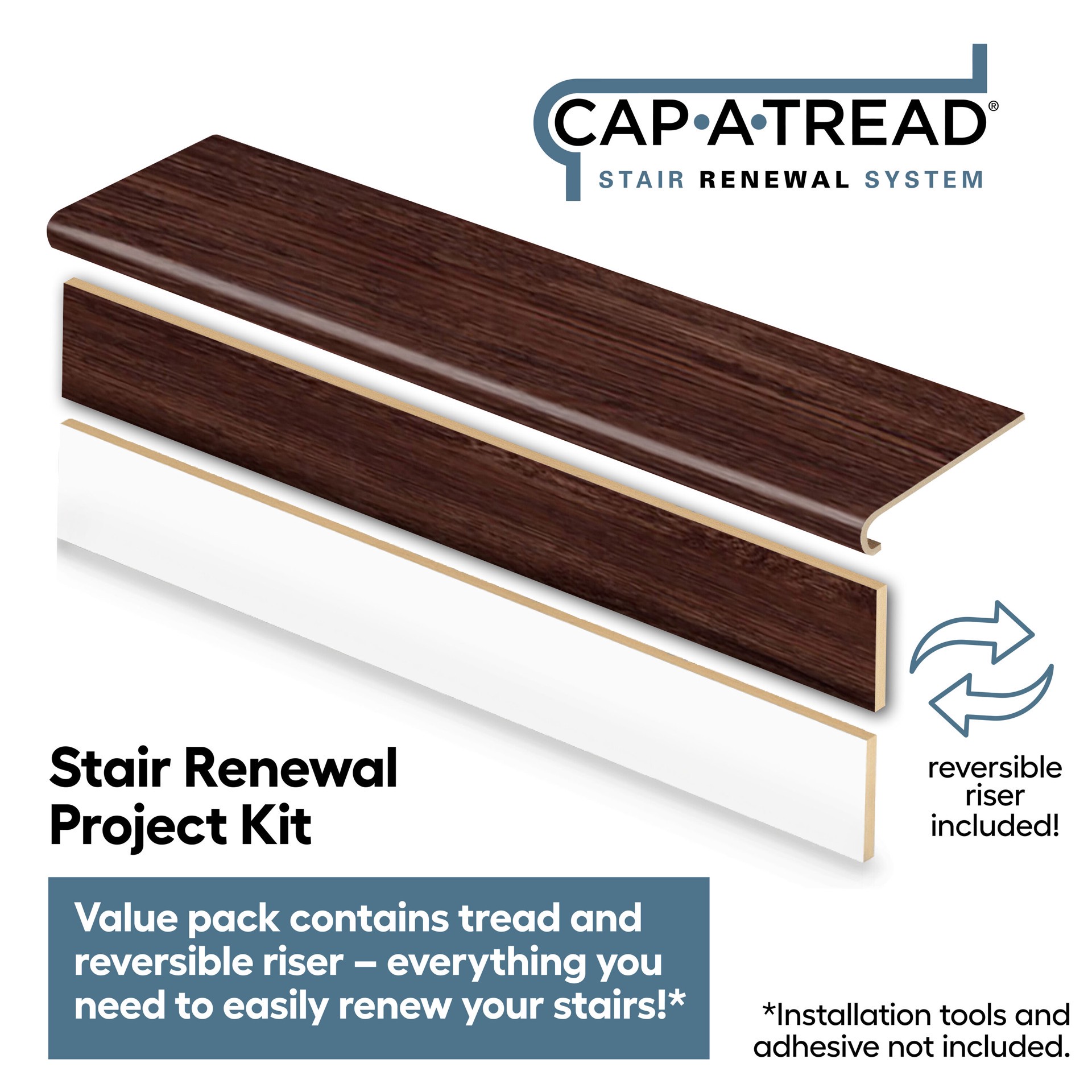 slide 2 of 6, Zamma Cap A Tread Stair Renewal System 47-in x 12.125-in x 1.687-in Chestnut Oak Type 1 Kit with Reversible Riser Laminate No return Bullnose Stair Tread, 1 ct