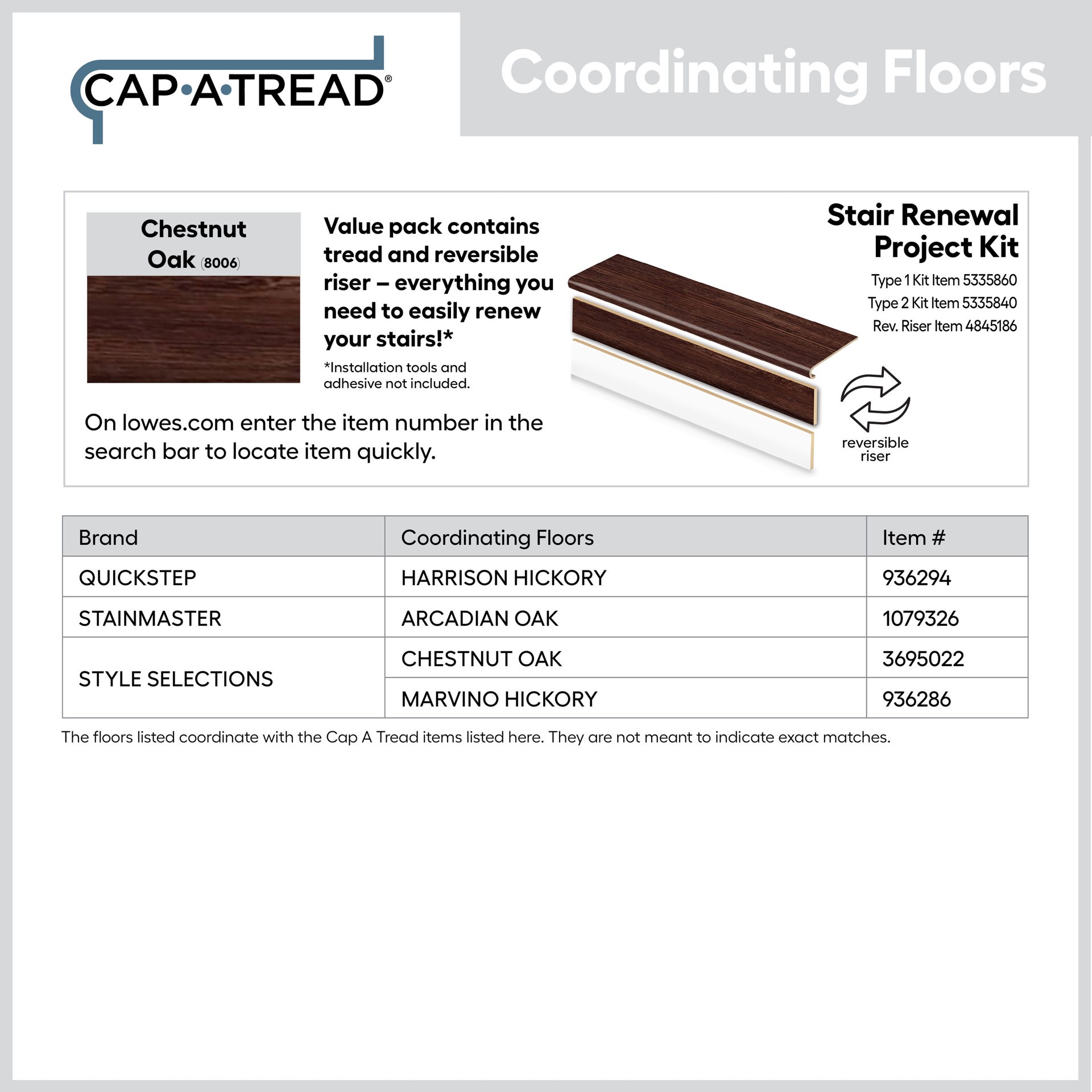 slide 5 of 6, Zamma Cap A Tread Stair Renewal System 47-in x 12.125-in x 1.687-in Chestnut Oak Type 1 Kit with Reversible Riser Laminate No return Bullnose Stair Tread, 1 ct