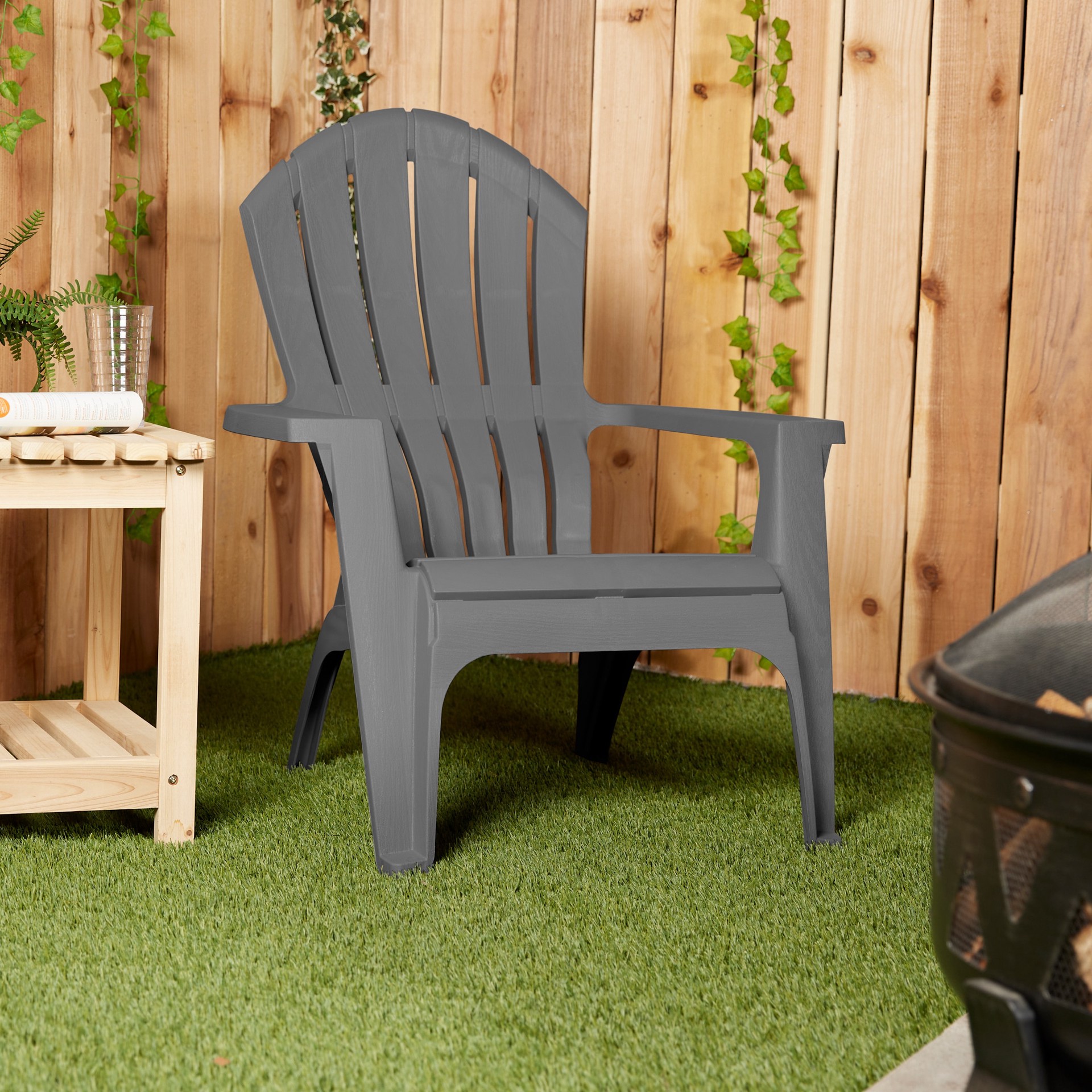slide 4 of 6, Adams PATIO Stackable Charcoal Resin Frame Stationary Adirondack Chair with Slat Seat, 1 ct