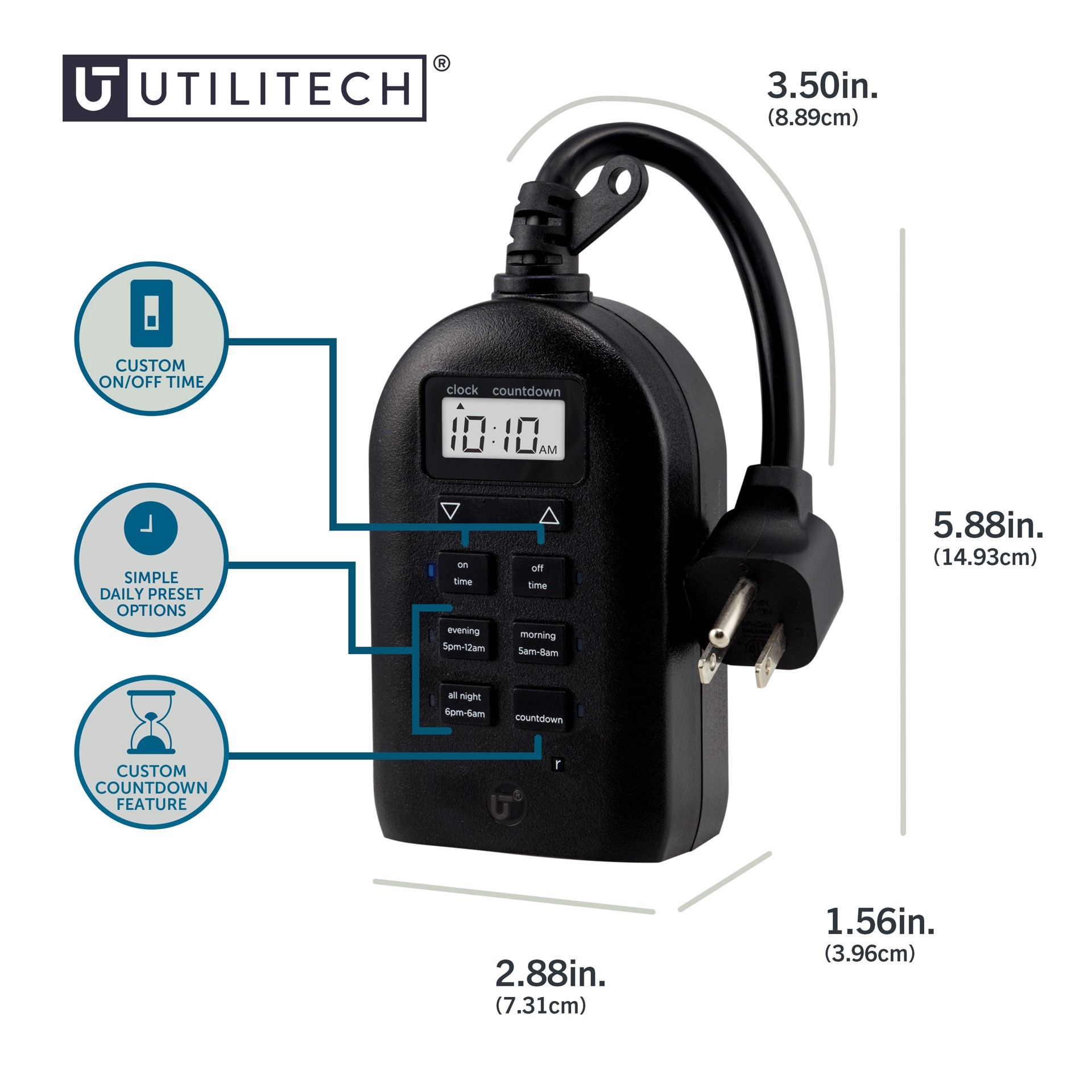 slide 2 of 6, Utilitech 15 -Amps 120-volt Outdoor 2 -Outlet Programmable Countdown Digital Lighting Timer, 1 ct