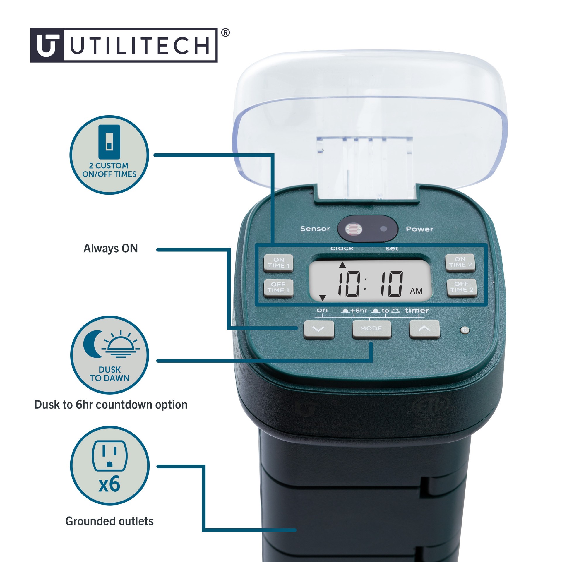 slide 2 of 6, Utilitech 15 -Amps 120-volt Outdoor 6 -Outlet Programmable Countdown Digital Lighting Timer, 1 ct