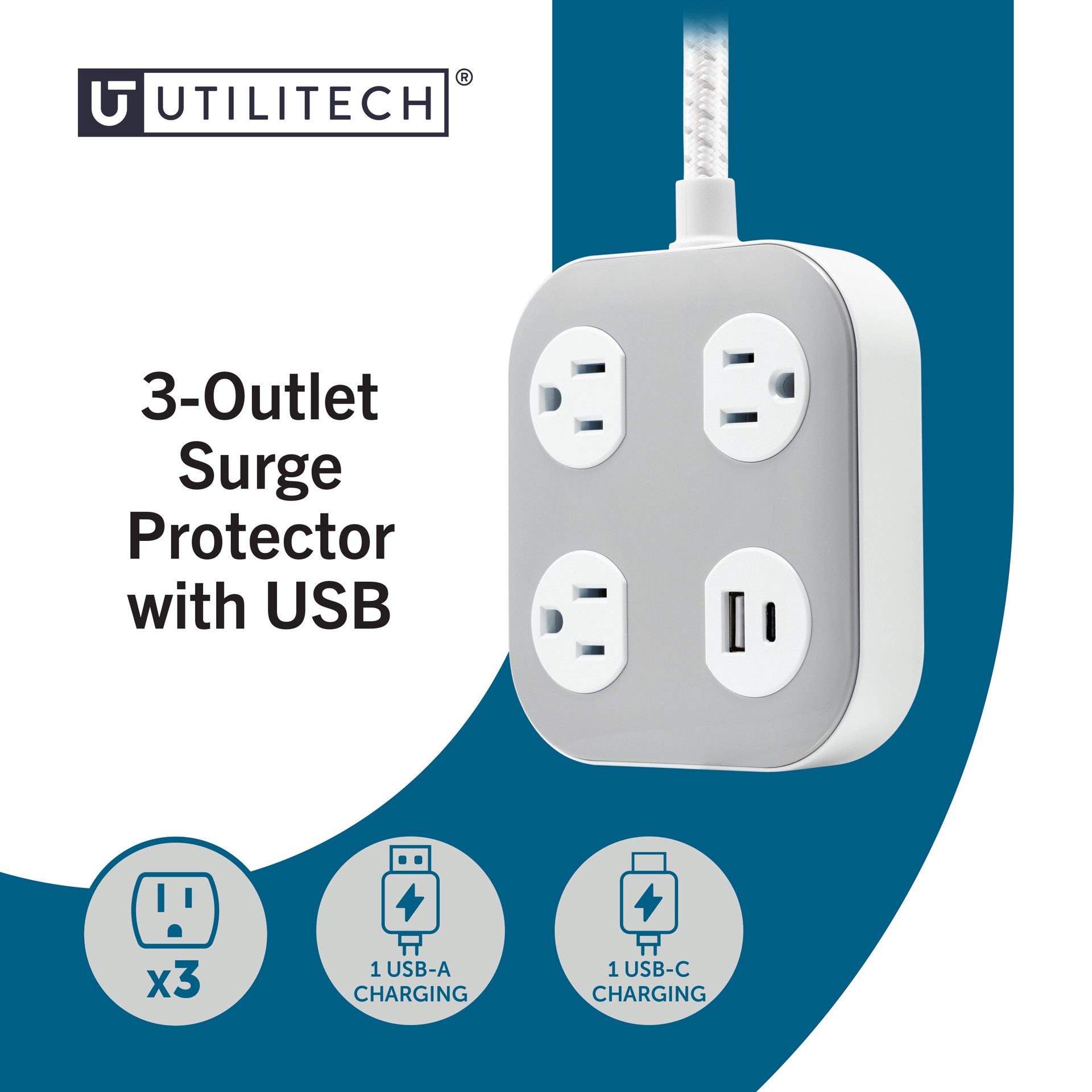 slide 3 of 6, Utilitech 6-ft Surge Protector 3 -Outlet 250 Joules 1875 -Watts White Indoor Wall tap Surge Protector, 1 ct