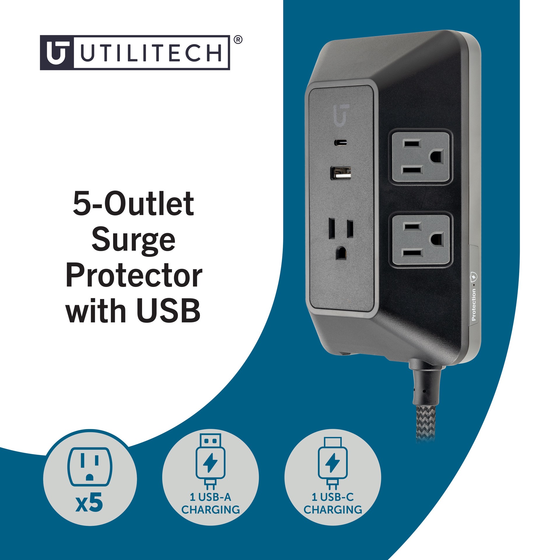 slide 3 of 6, Utilitech 6-ft Surge Protector 5 -Outlet 560 Joules 1800 -Watts Black Indoor Various receptacles Surge Protector, 1 ct