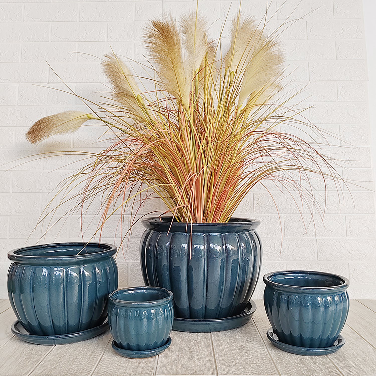 slide 3 of 4, allen + roth Round 12.2-in W x 12.2-in L Blue Ceramic Indoor/Outdoor Planter, 1 ct