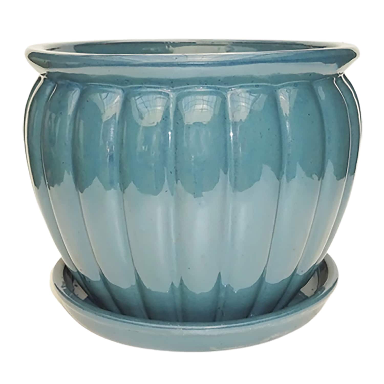 slide 1 of 4, allen + roth Round 12.2-in W x 12.2-in L Blue Ceramic Indoor/Outdoor Planter, 1 ct
