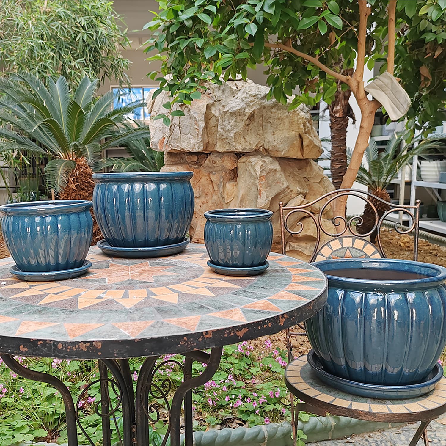 slide 2 of 5, allen + roth Round 5.3-in W x 5.3-in L Blue Ceramic Indoor/Outdoor Planter, 1 ct