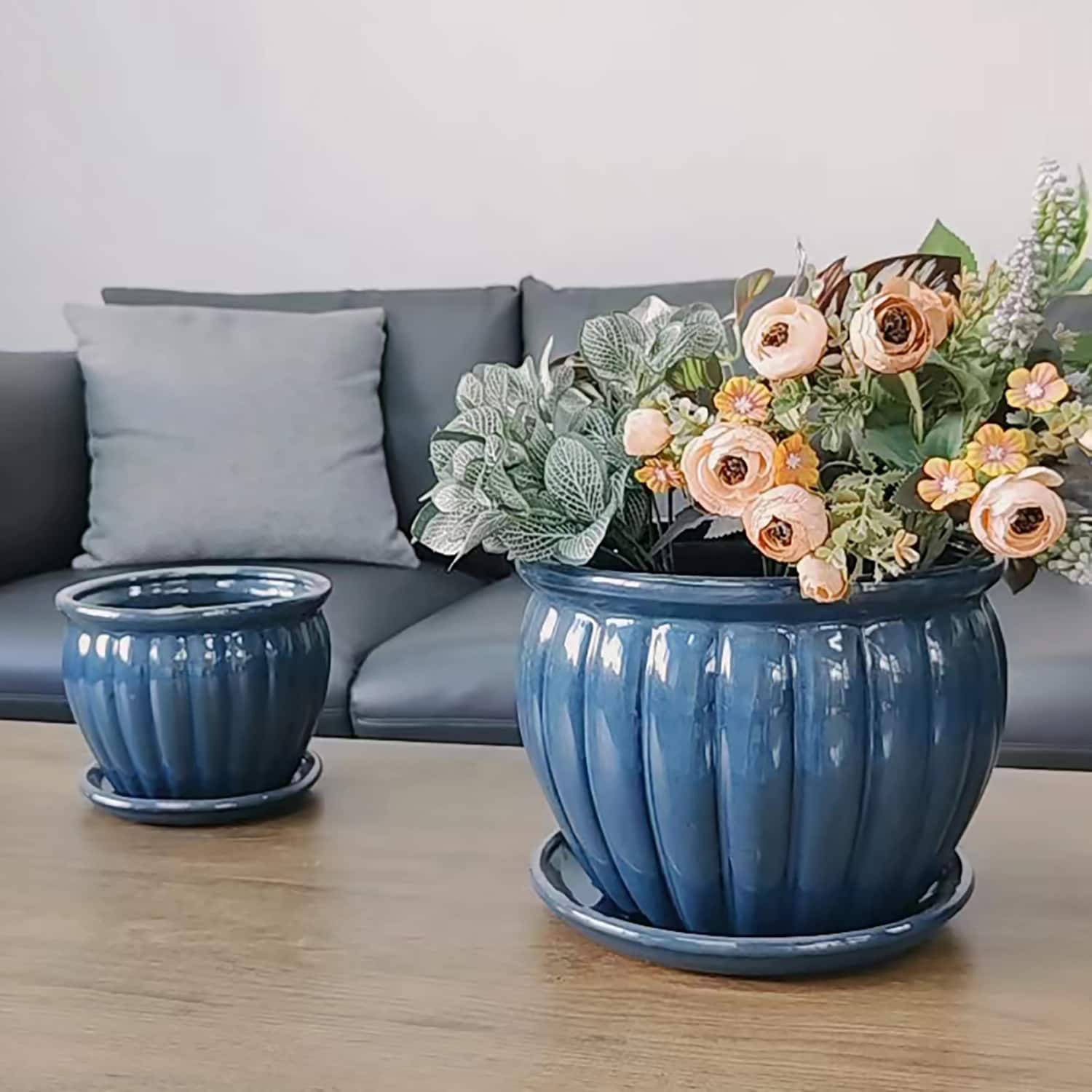 slide 4 of 5, allen + roth Round 5.3-in W x 5.3-in L Blue Ceramic Indoor/Outdoor Planter, 1 ct