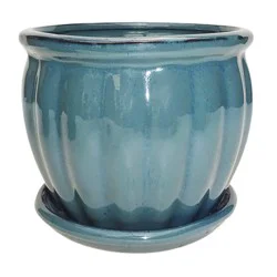 allen + roth Round 5.3-in W x 5.3-in L x 4.7-in H blue glaze Ceramic Indoor/Outdoor Planter Attached Saucer
