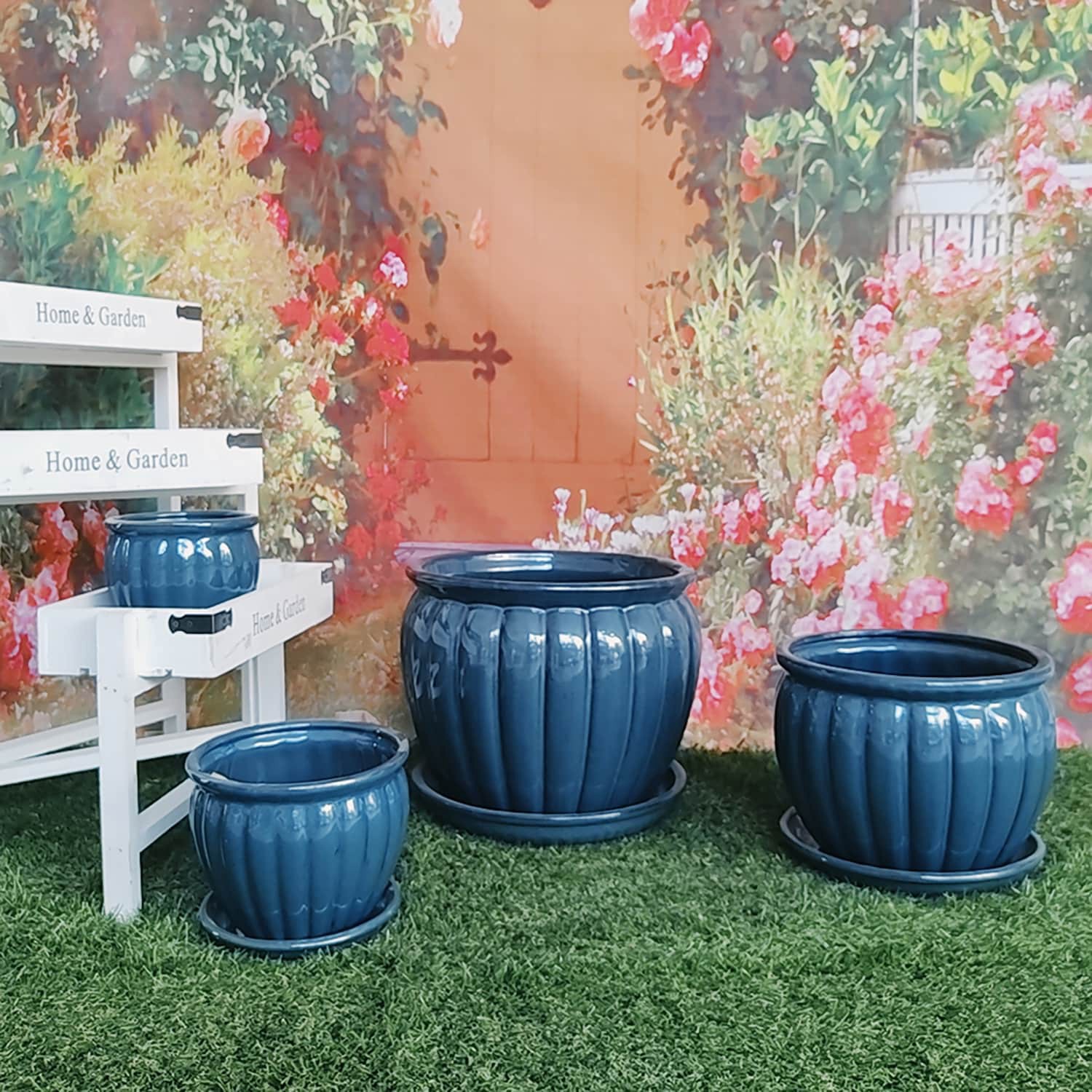 slide 2 of 5, allen + roth Round 7.1-in W x 7.1-in L Blue Ceramic Indoor/Outdoor Planter, 1 ct