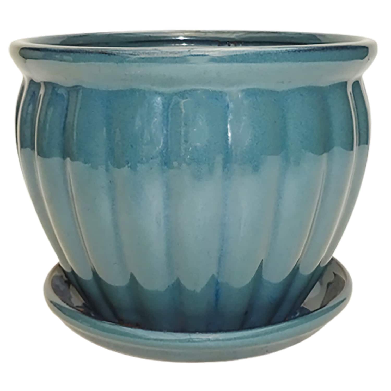 slide 1 of 5, allen + roth Round 7.1-in W x 7.1-in L Blue Ceramic Indoor/Outdoor Planter, 1 ct