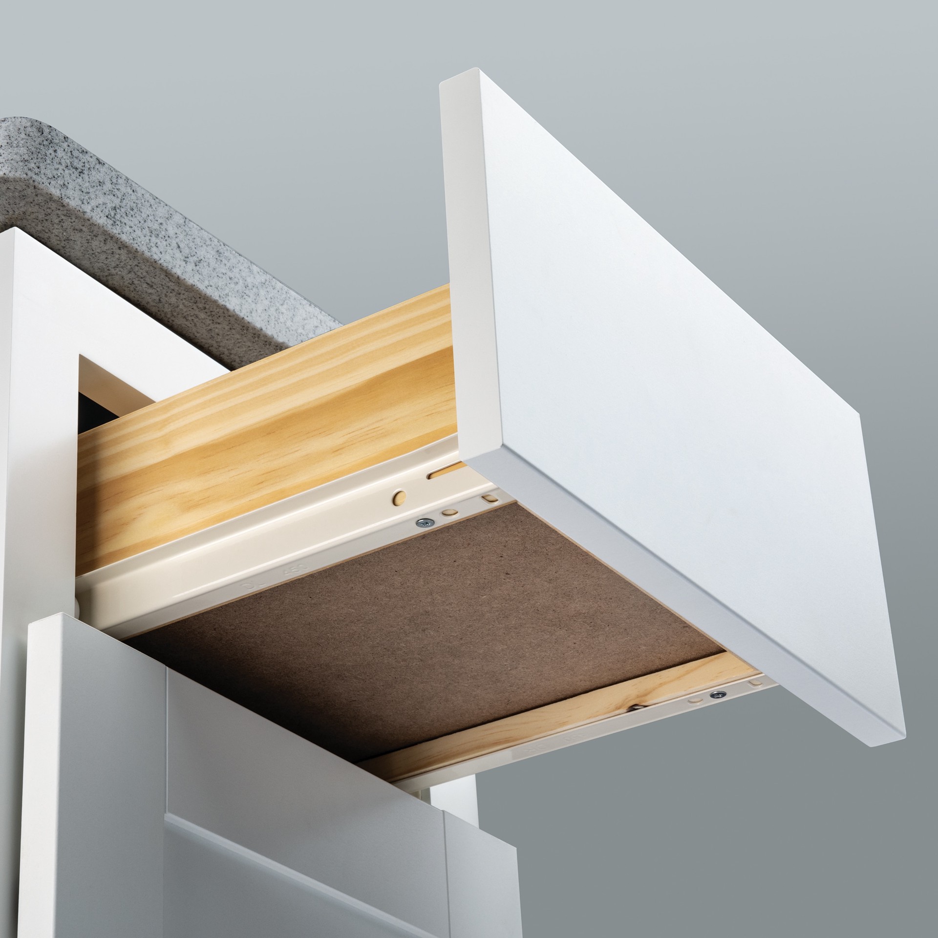 slide 3 of 6, RELIABILT 16-in 3/4 extension Soft Close Bottom Mount European 50-lb Load Capacity White Drawer Slide 1 -Pair 2 -Pieces, 1 ct