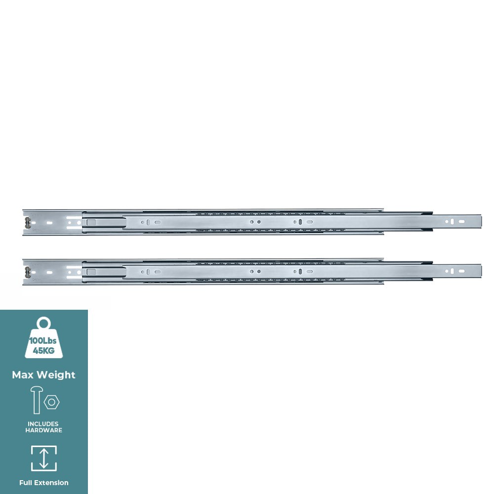 slide 2 of 6, RELIABILT 24-in Full extension Side Mount Ball bearing 100-lb Load Capacity Heavy Duty Silver Drawer Slide 1 -Pair 2 -Pieces, 1 ct