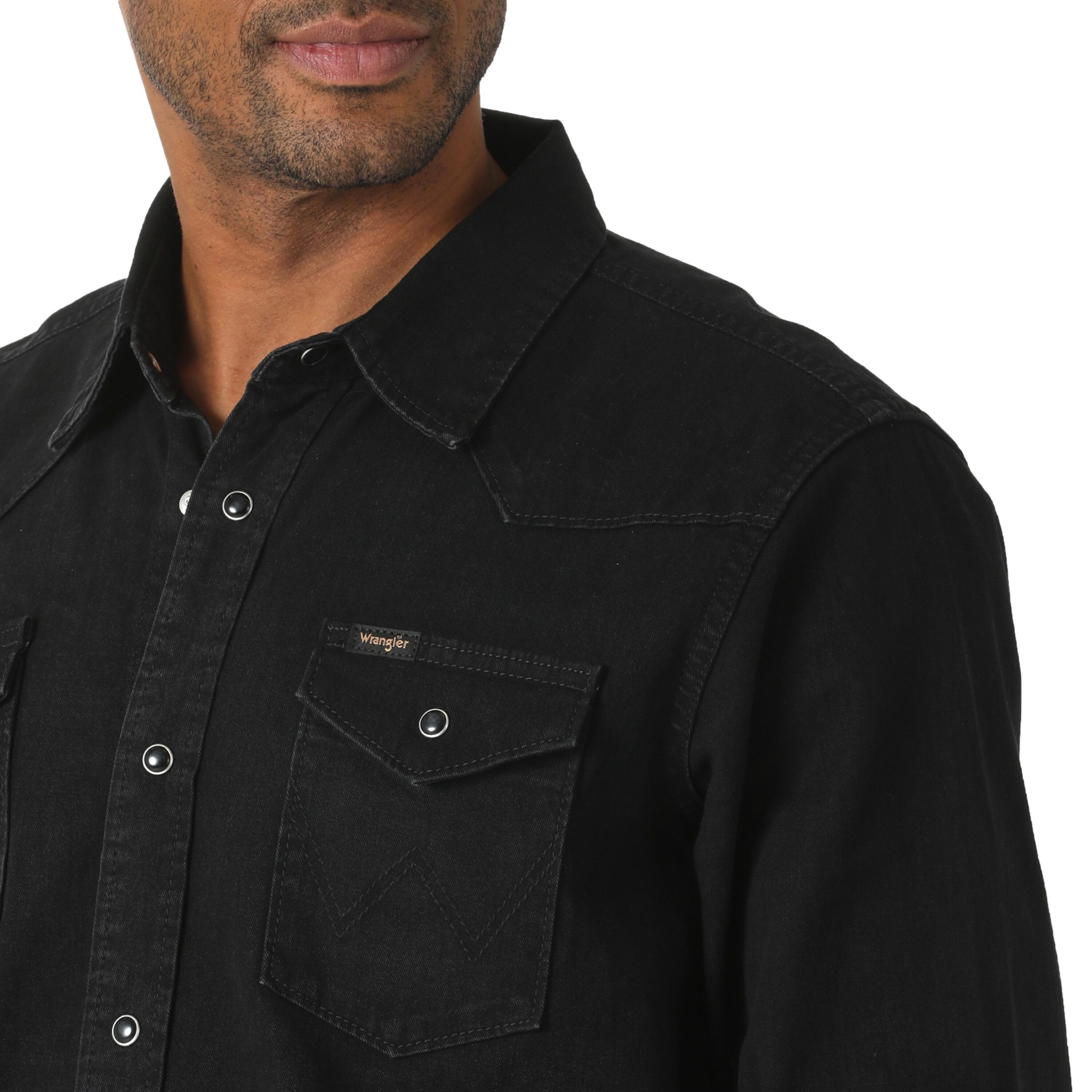 slide 4 of 4, Wrangler Unlined Denim Shirt Men's Black Twill Long Solid Dress ( Large ), 1 ct
