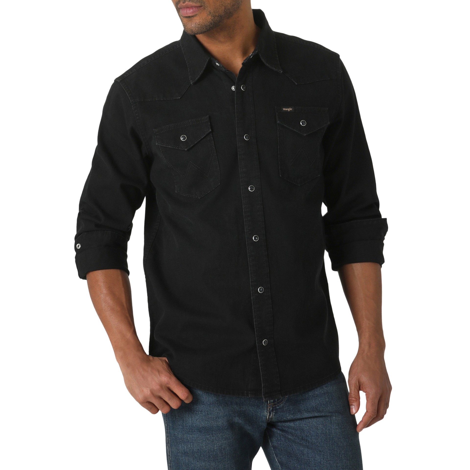 slide 1 of 4, Wrangler Unlined Denim Shirt Men's Black Twill Long Solid Dress ( 2XL ), 1 ct