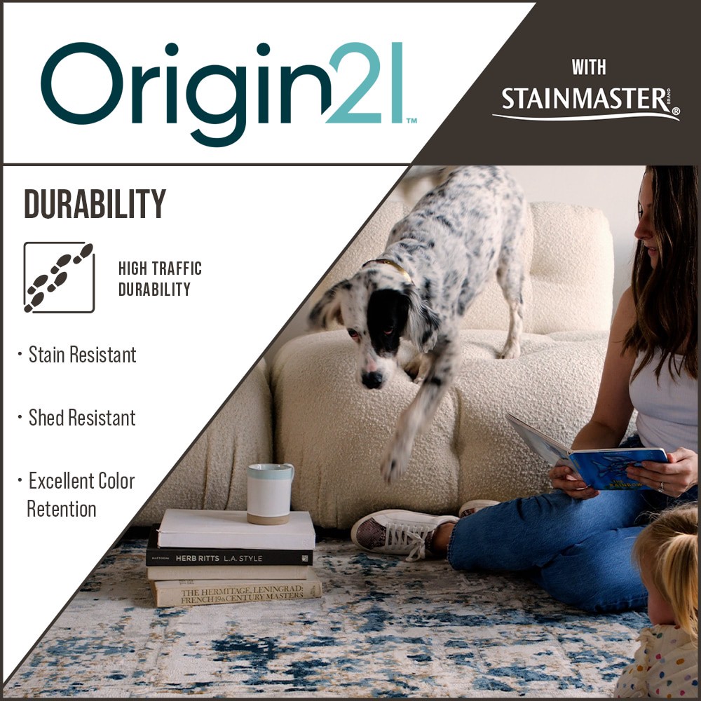 slide 6 of 6, Origin 21 with STAINMASTER Quatro 9 x 12 (ft) Loomed Polyester/Polypropylene Blue Rectangular Indoor Abstract Mid-Century Modern Spot Clean Only Pet Friendly Area rug, 1 ct