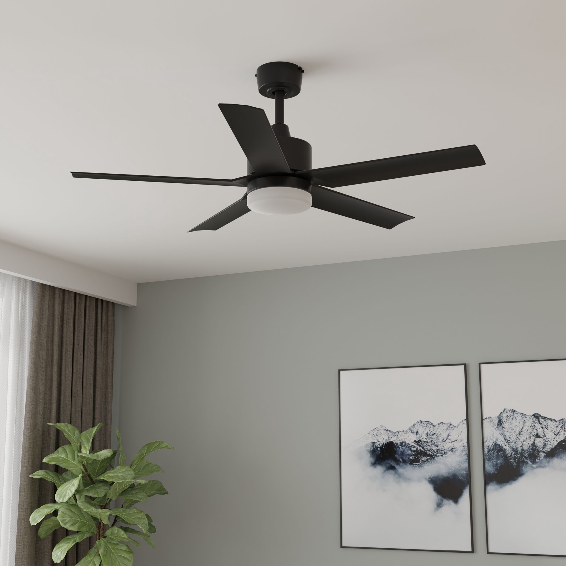 slide 1 of 6, Harbor Breeze Reidsport 44-in Matte Black with Matte Black Blades LED Covered Outdoor Downrod or Flush Mount Ceiling Fan With Light and Remote Control Included 5 -Blade, 1 ct