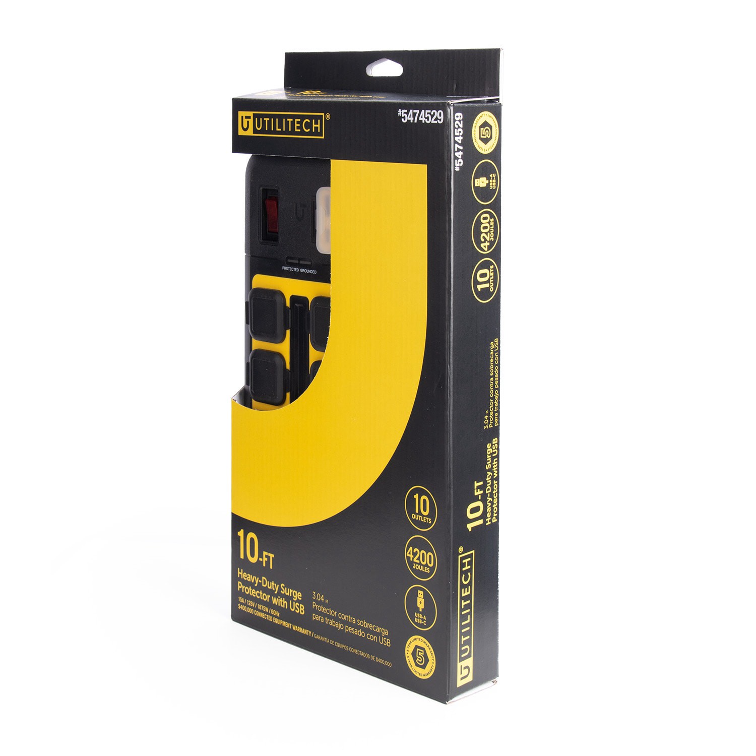 slide 2 of 5, Utilitech 10-ft 10 -Outlet 4500 Joules 1875 -Watts 1875VA Black Indoor USB AC Surge Protector, 1 ct