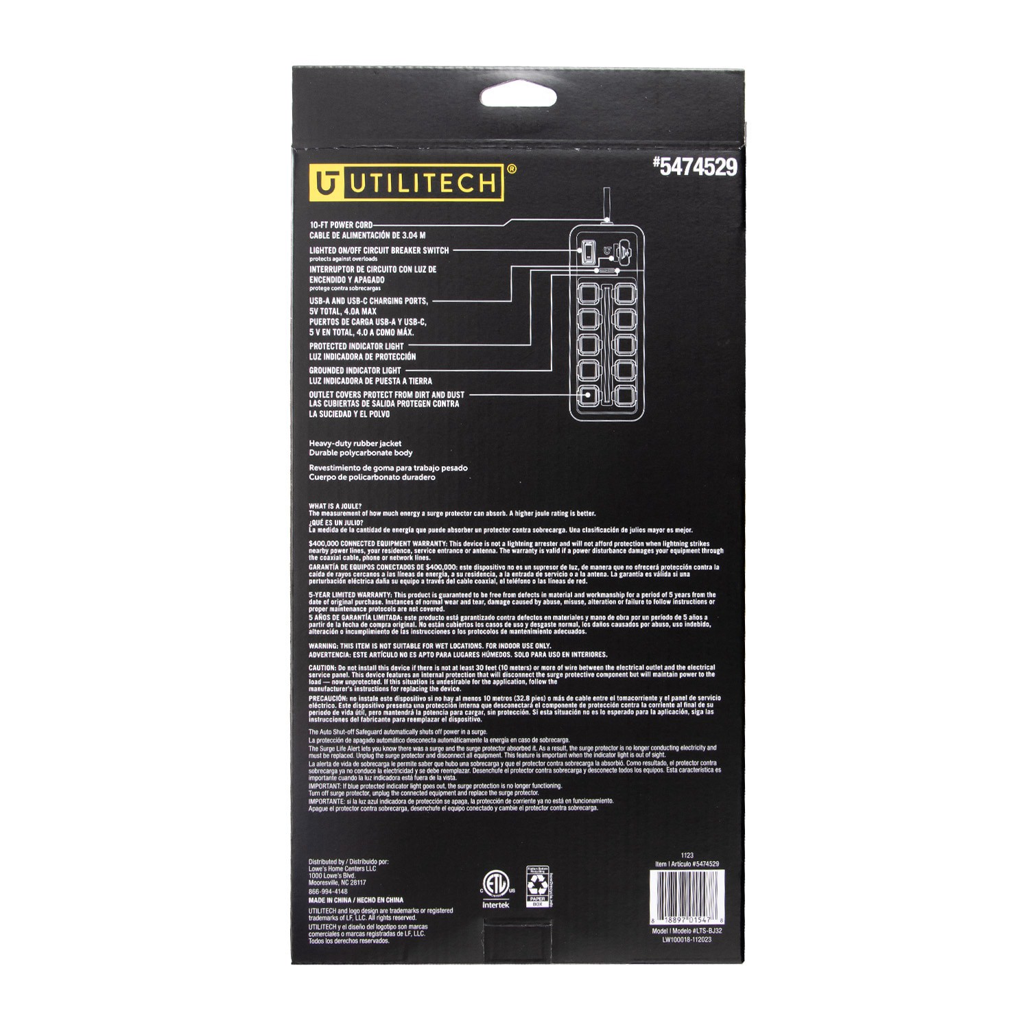 slide 3 of 5, Utilitech 10-ft 10 -Outlet 4500 Joules 1875 -Watts 1875VA Black Indoor USB AC Surge Protector, 1 ct