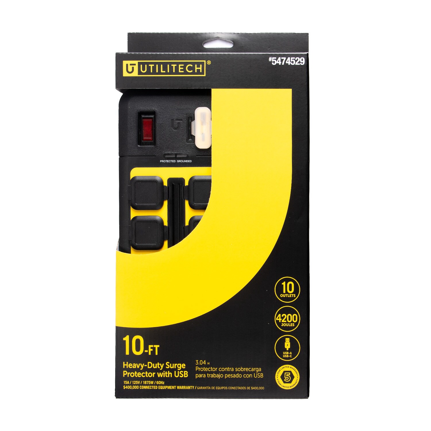 slide 4 of 5, Utilitech 10-ft 10 -Outlet 4500 Joules 1875 -Watts 1875VA Black Indoor USB AC Surge Protector, 1 ct